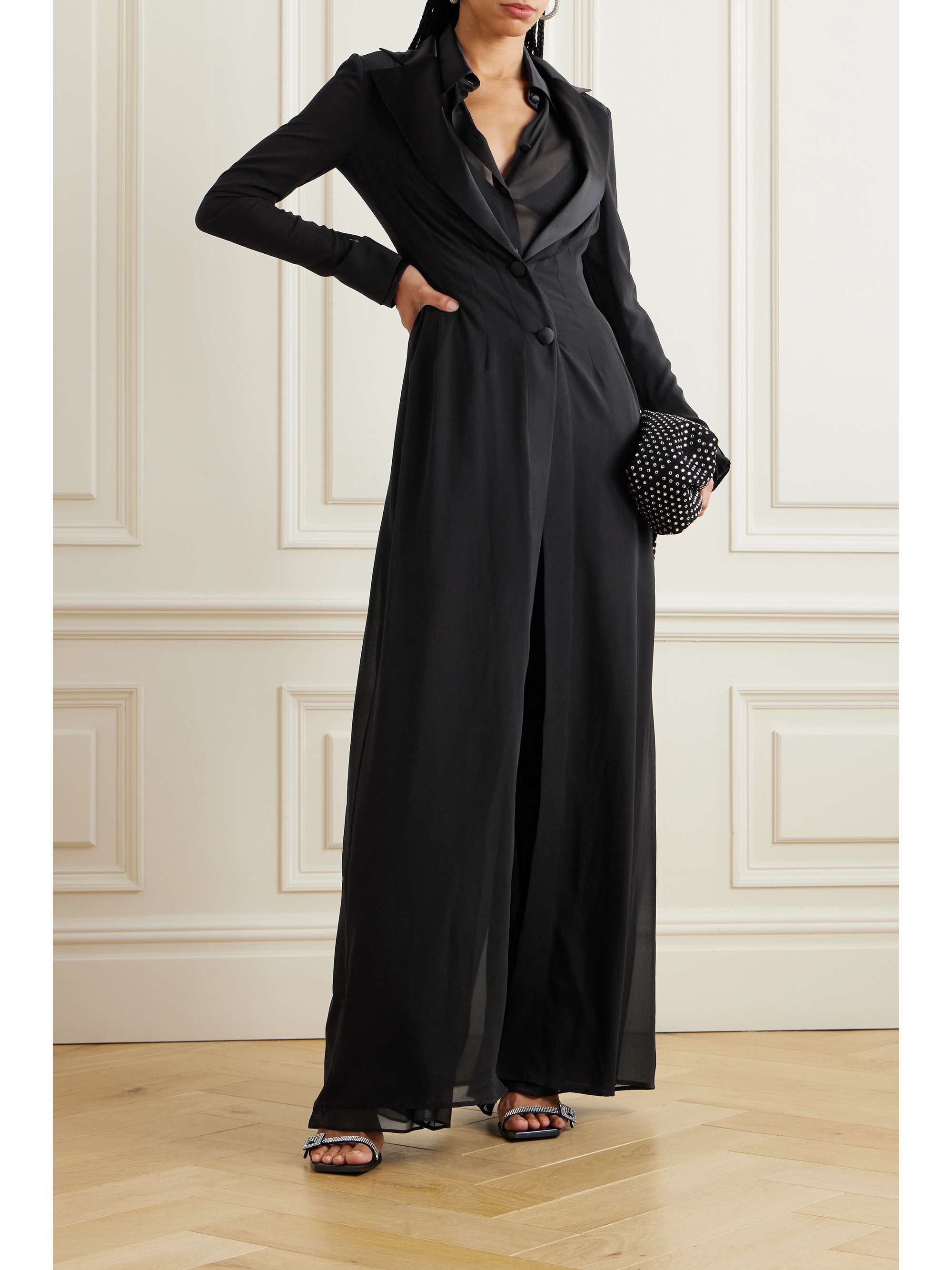 Satin-trimmed silk-blend chiffon coat view