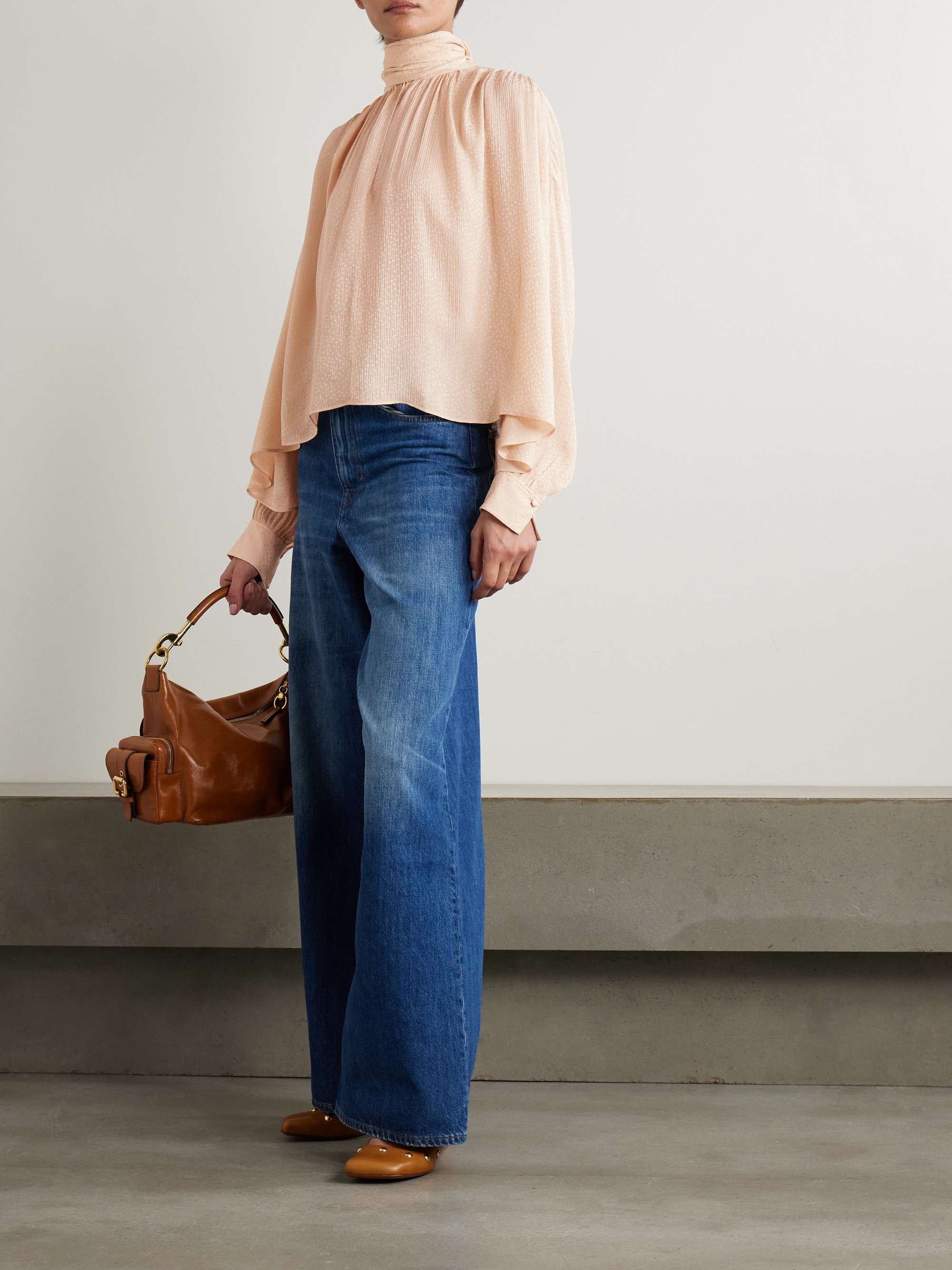 Tie-detailed gathered silk-blend jacquard blouse view
