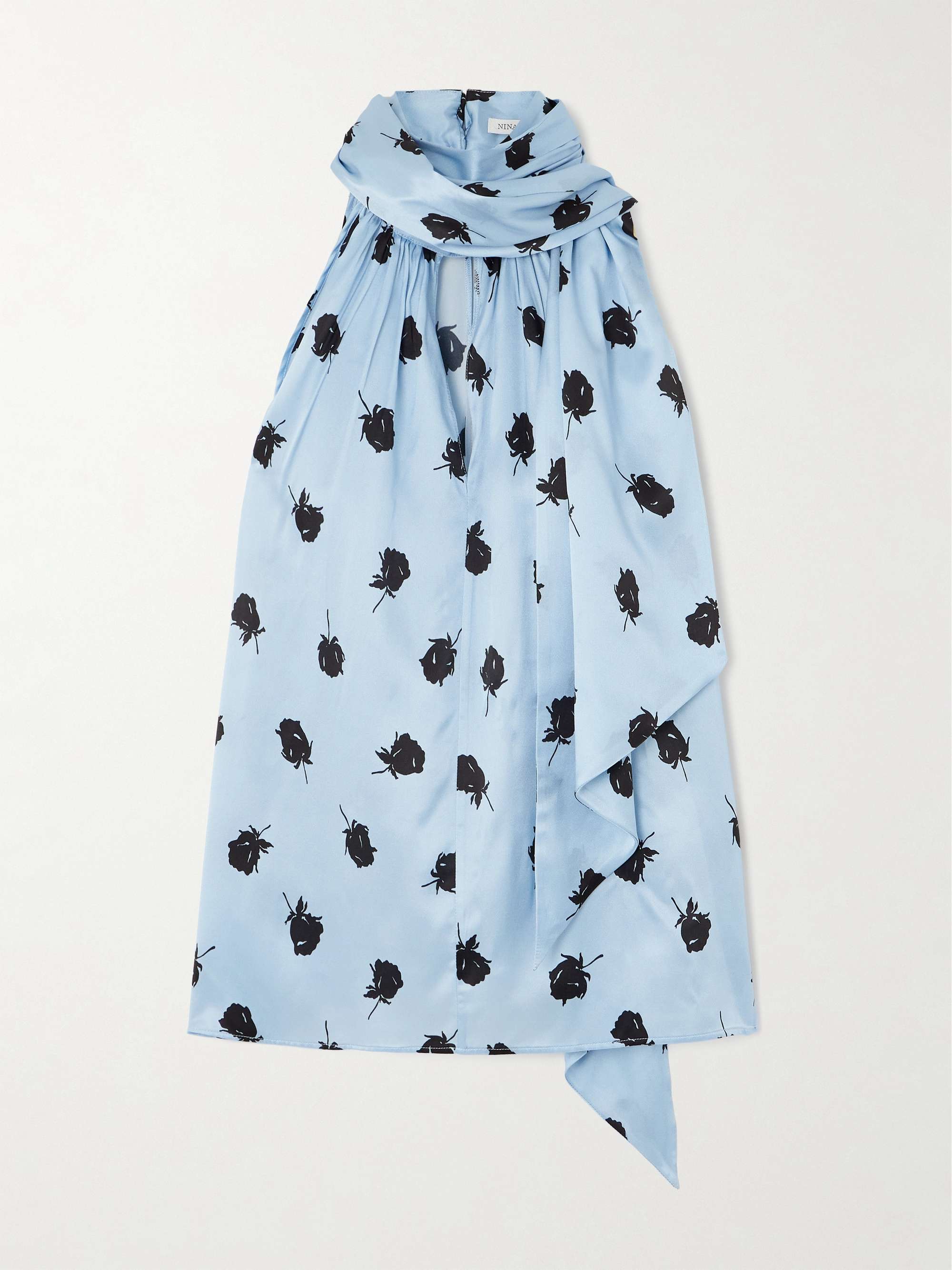 Tie-neck floral-print satin top view