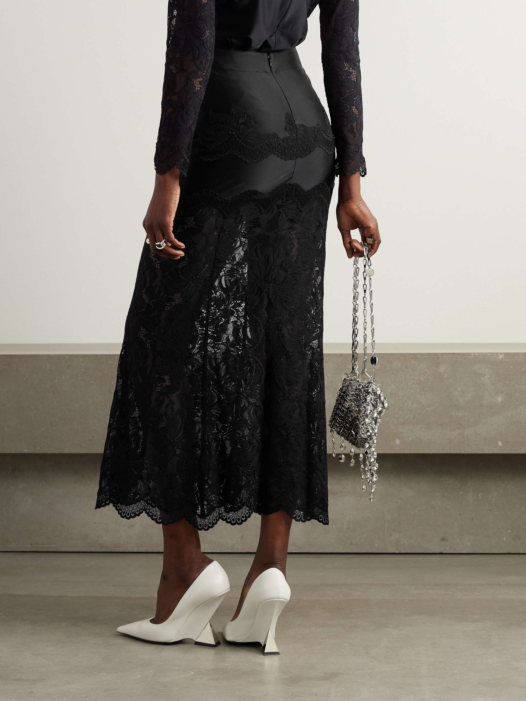 Scalloped satin and lace midi skirt view