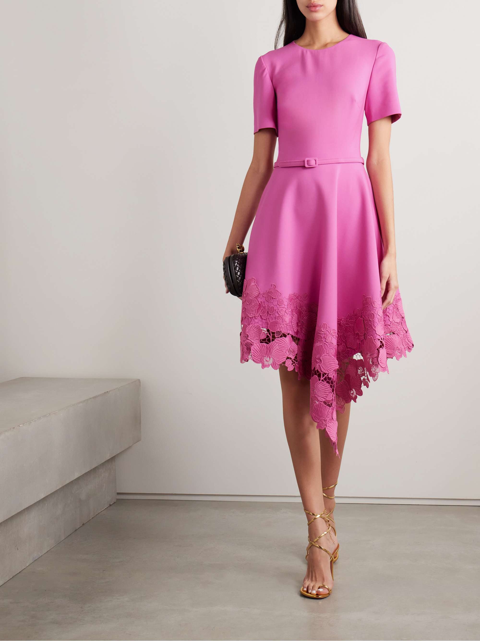 Belted asymmetric guipure lace-trimmed wool-blend dress view