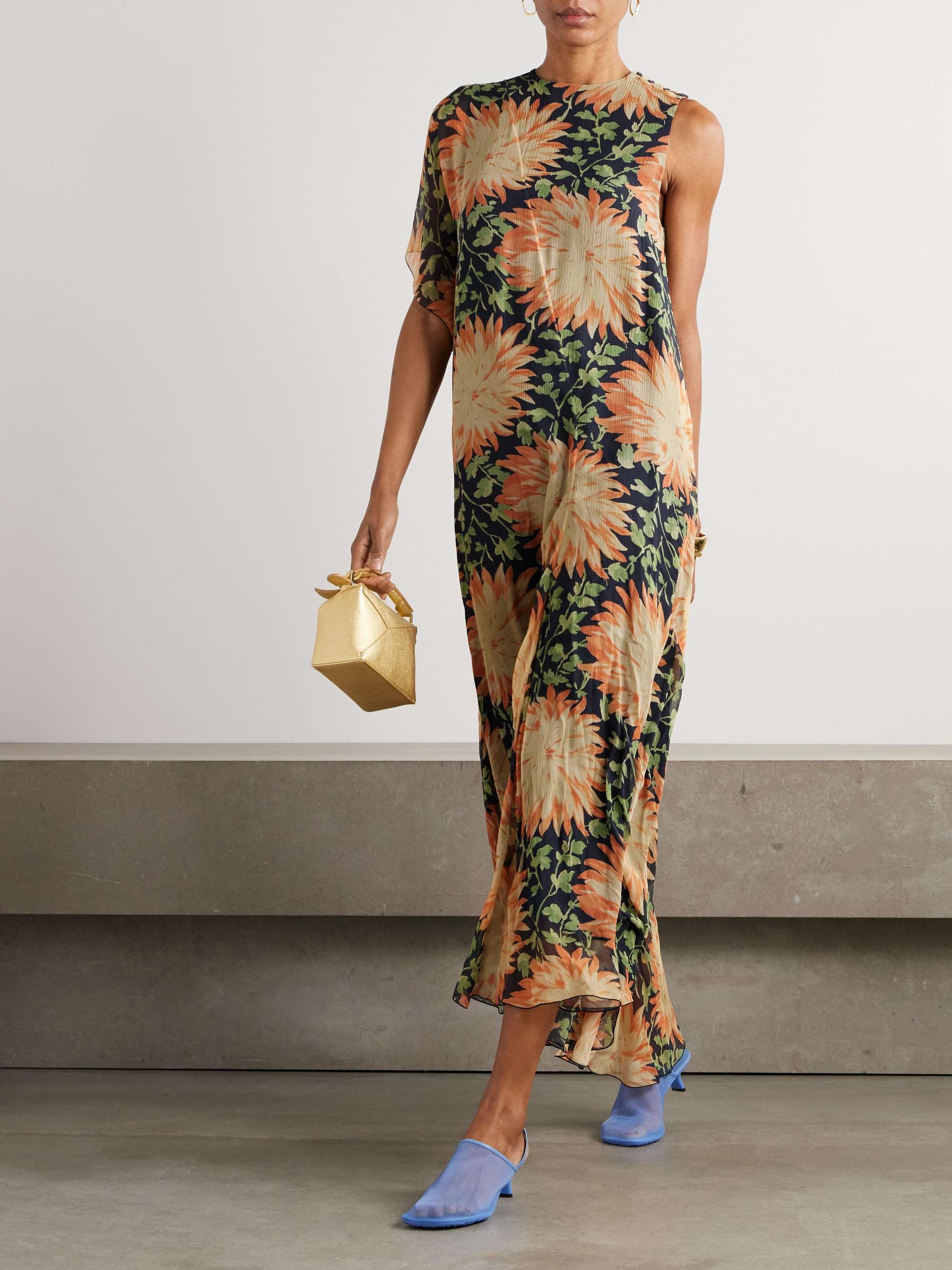 One-sleeve asymmetric floral-print silk-crepon dress view