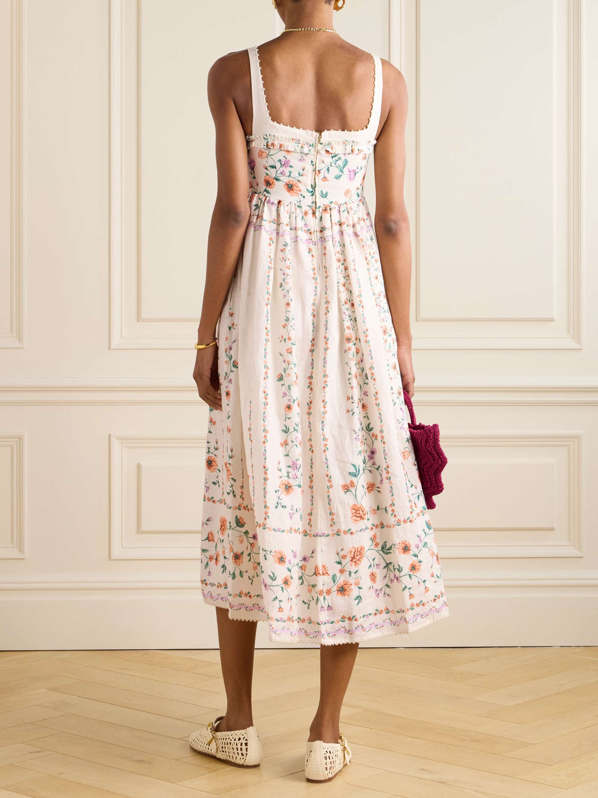 Barbara pleated bead-embellished floral-print linen midi dress view