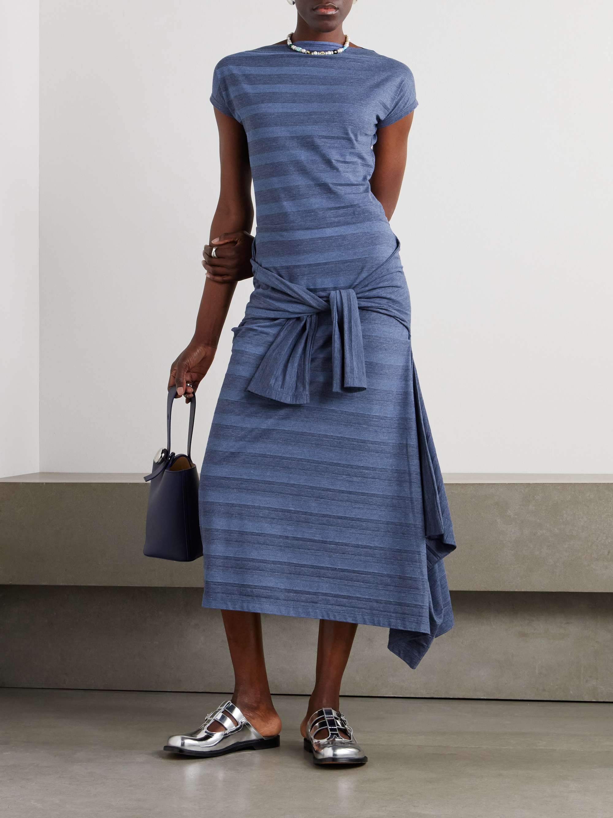 Sash convertible asymmetric twist-front striped cotton-blend jersey midi skirt view