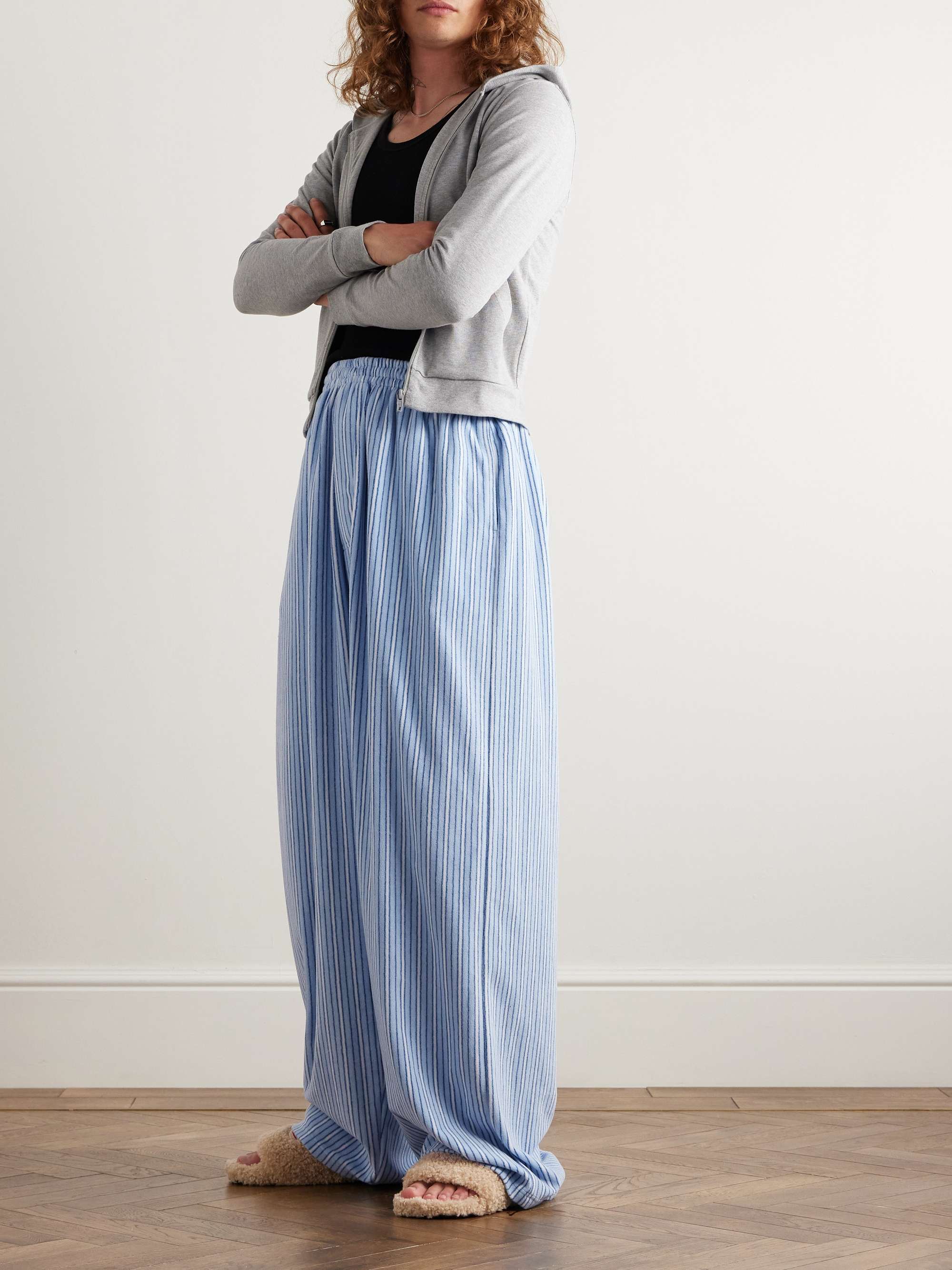 Wide-Leg Striped Fleece Drawstring Pyjama Trousers view