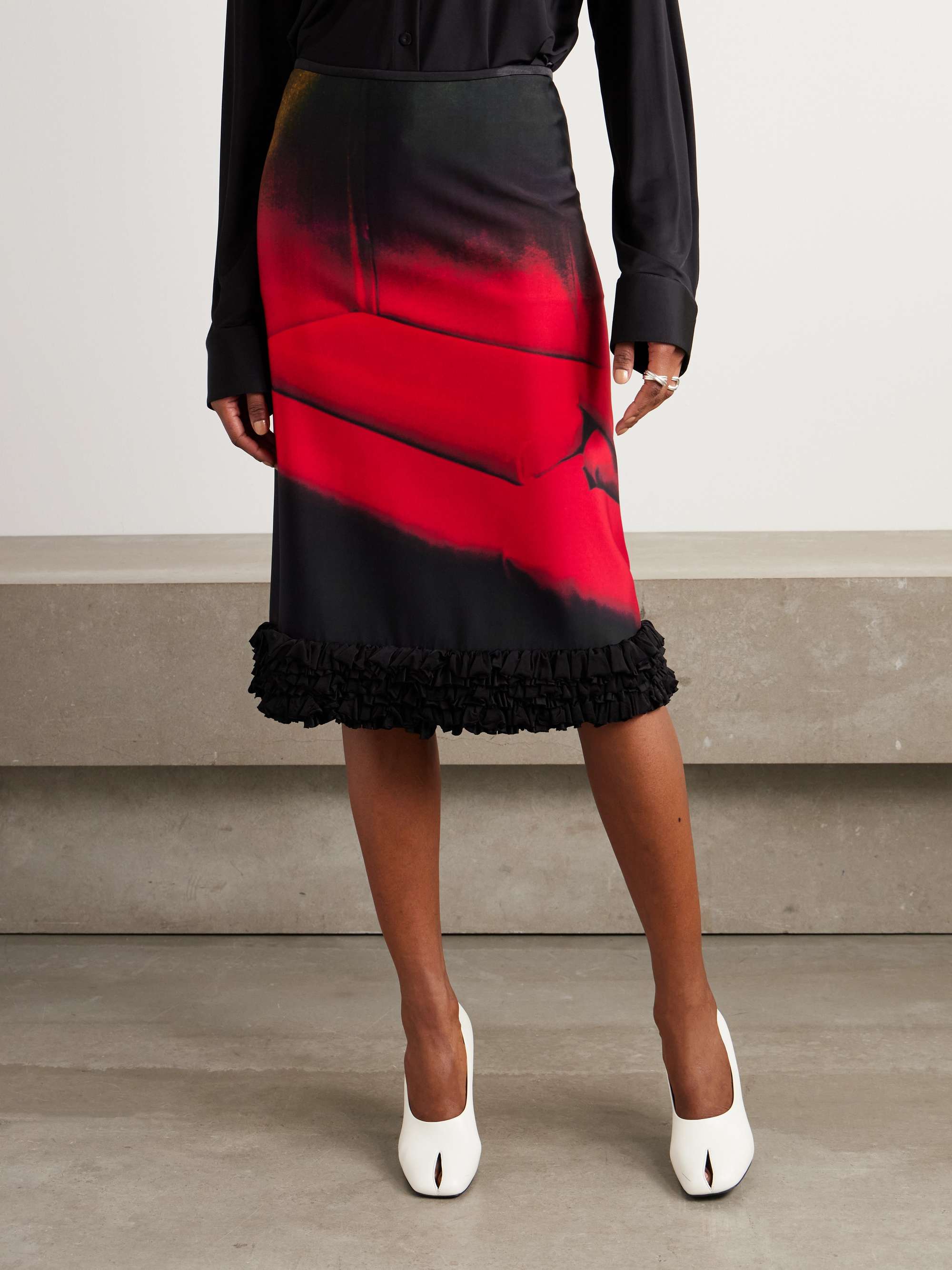 Ruffled printed satin midi skirt view