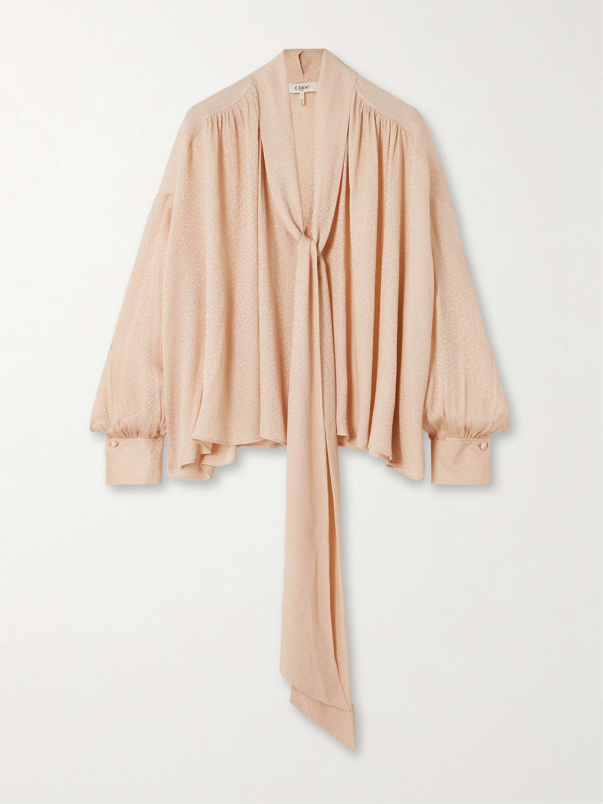 Tie-detailed gathered silk-blend jacquard blouse view