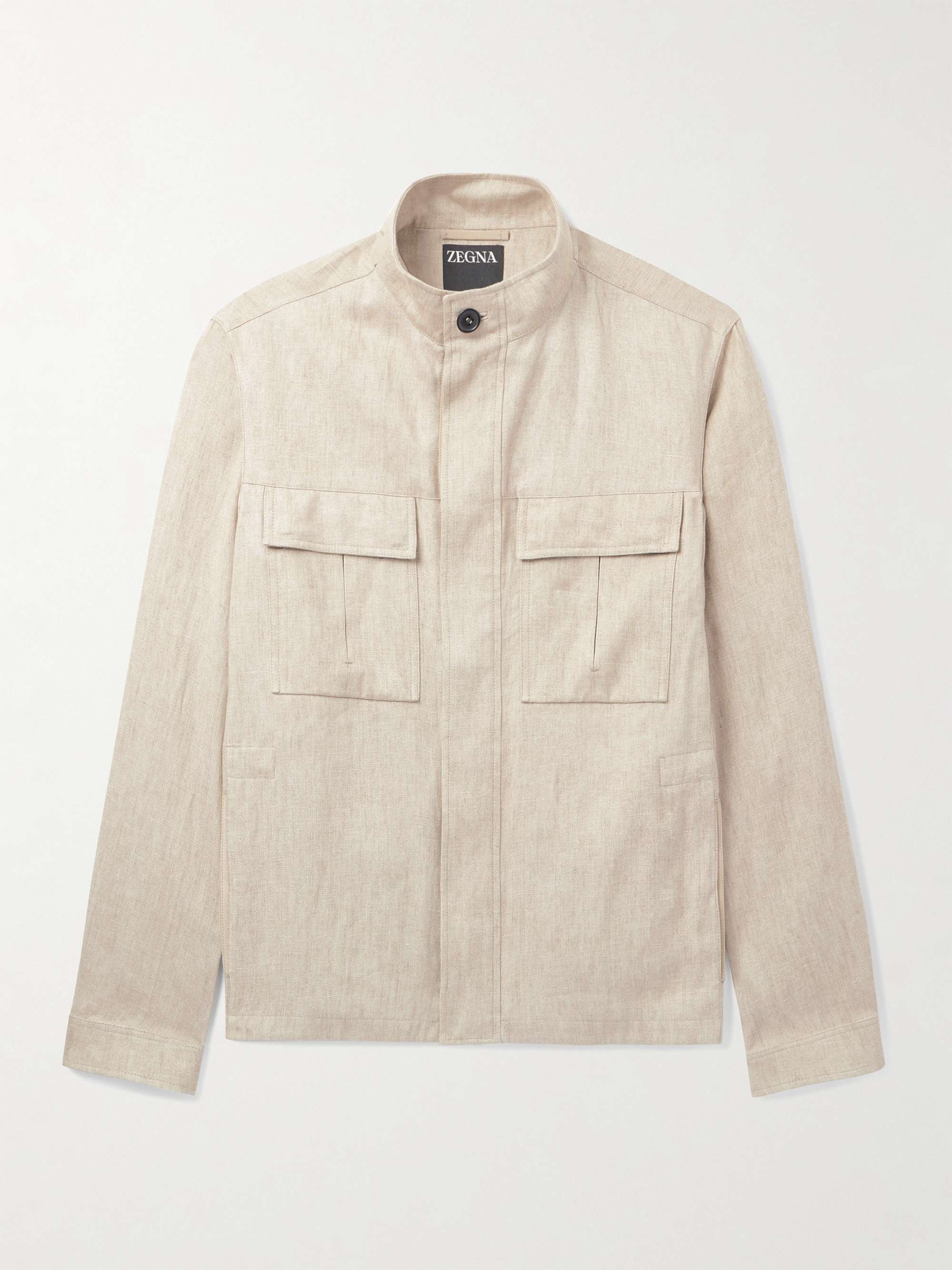 Leather-Trimmed Linen Overshirt view