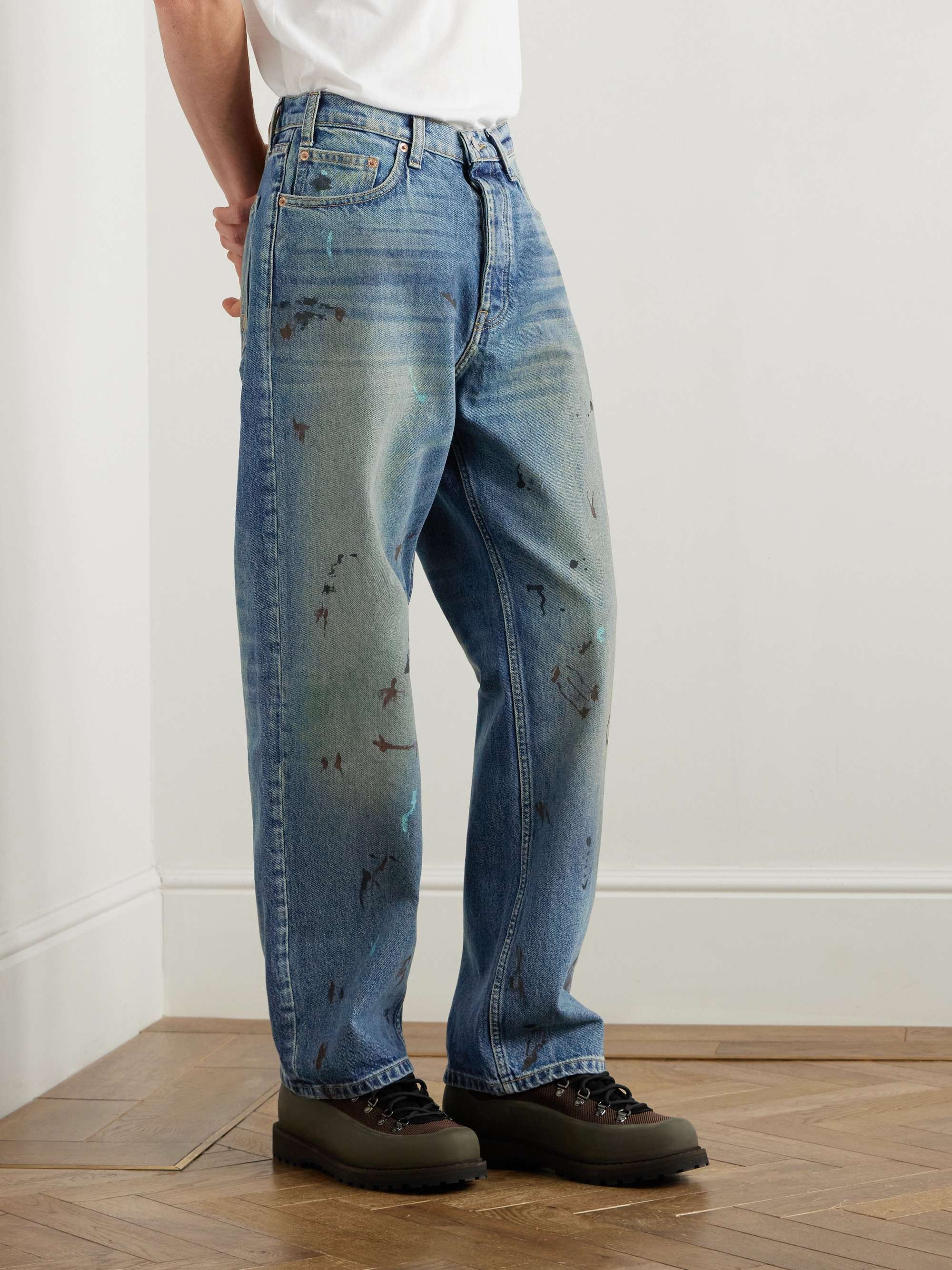 Wide-Leg Logo-Embroidered Paint-Splattered Jeans view