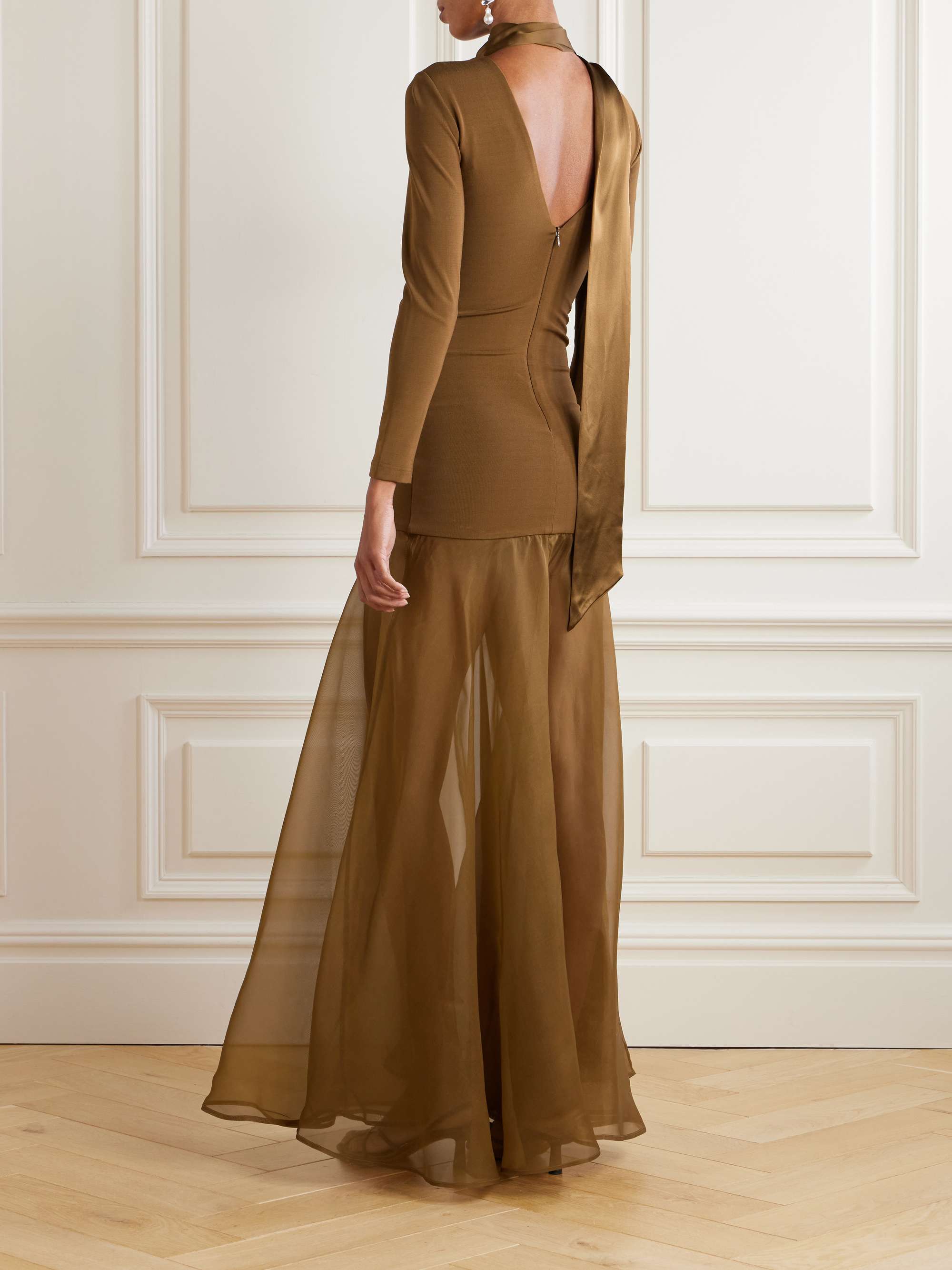 Aire scarf-effect satin-trimmed stretch-knit and silk-organza maxi dress view