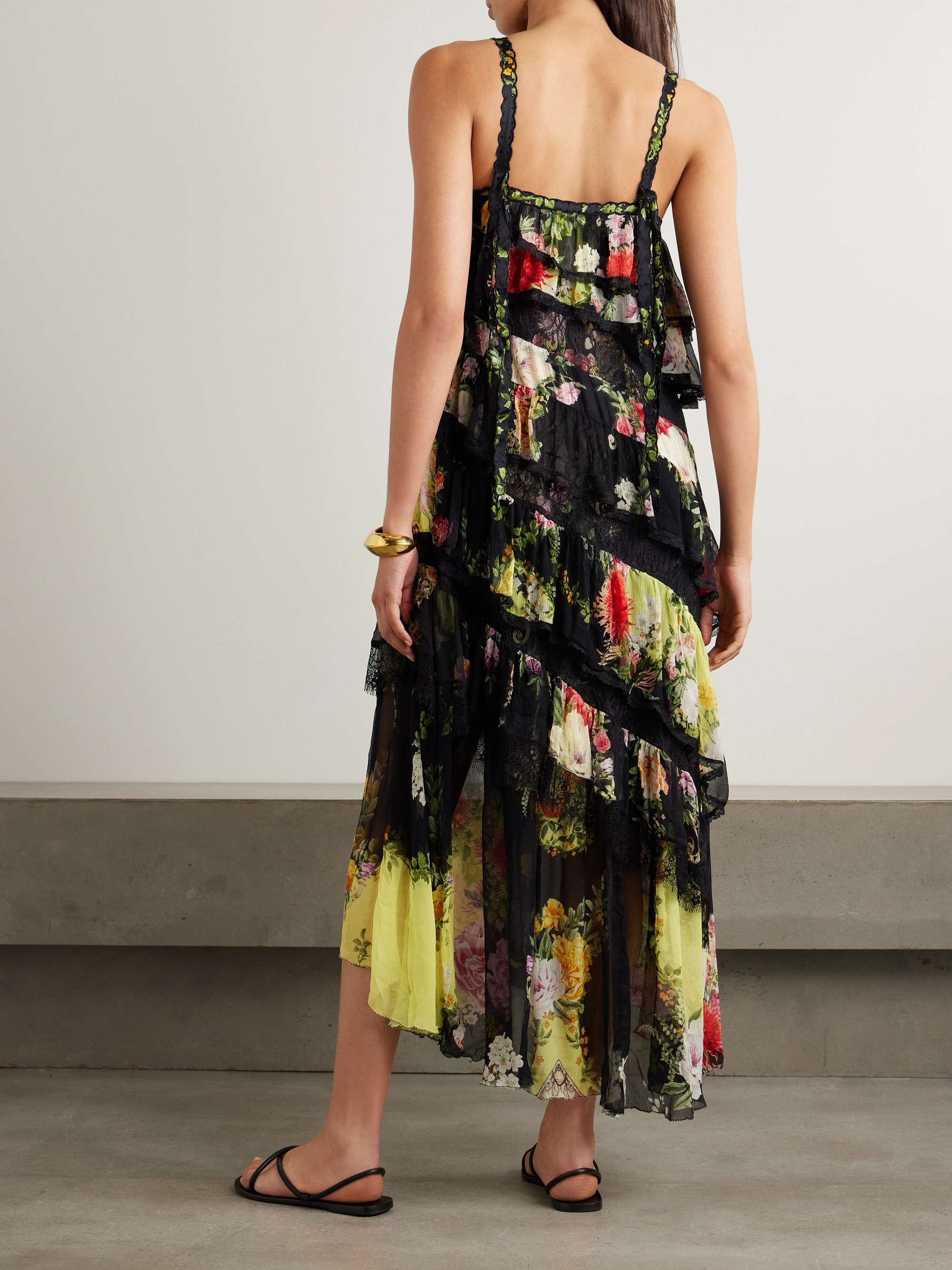 Asymmetric crystal-embellished lace-trimmed floral-print silk-crepon midi dress view