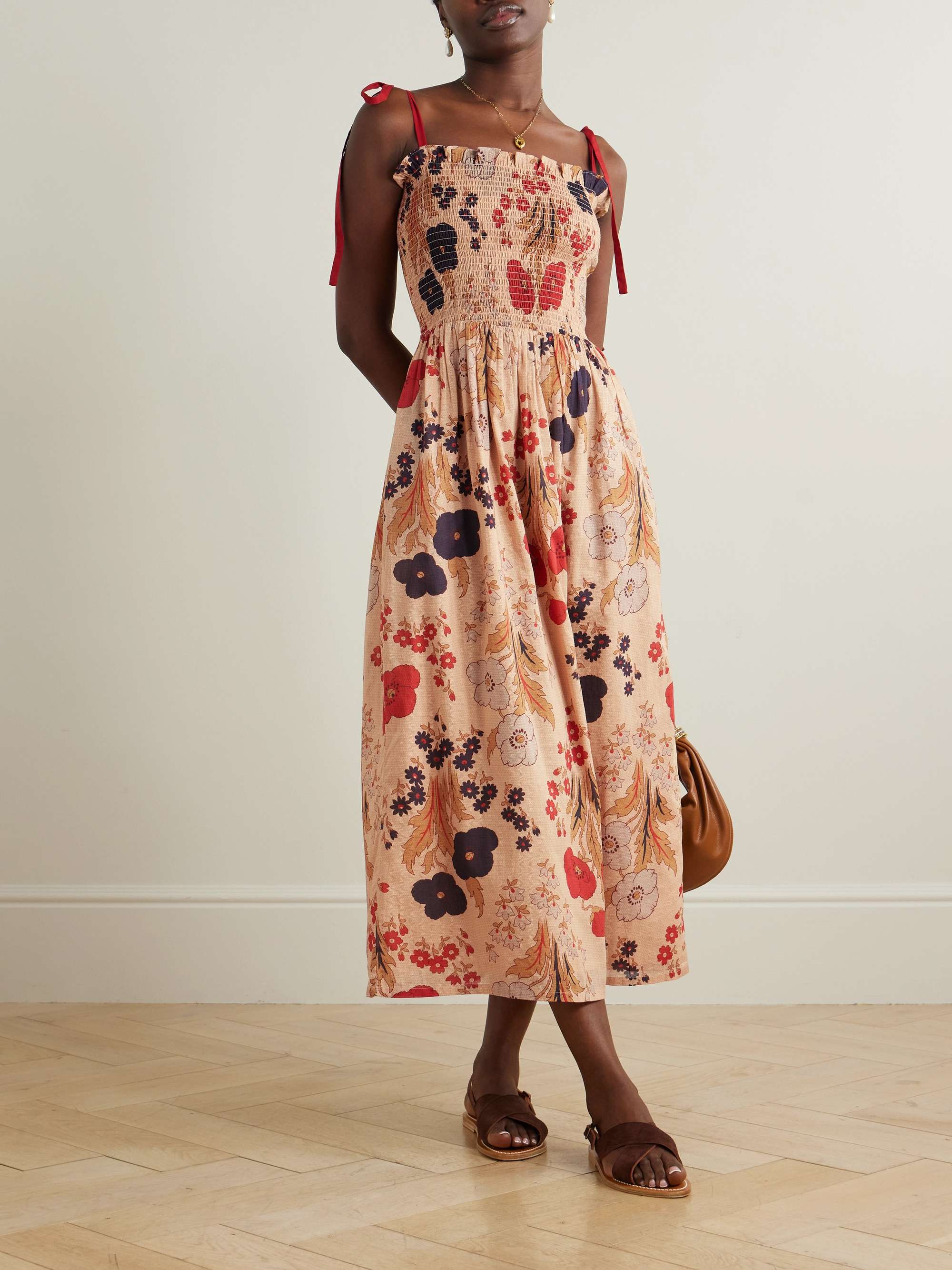 Kaia Vintage Poppy shirred floral-print cotton midi dress view