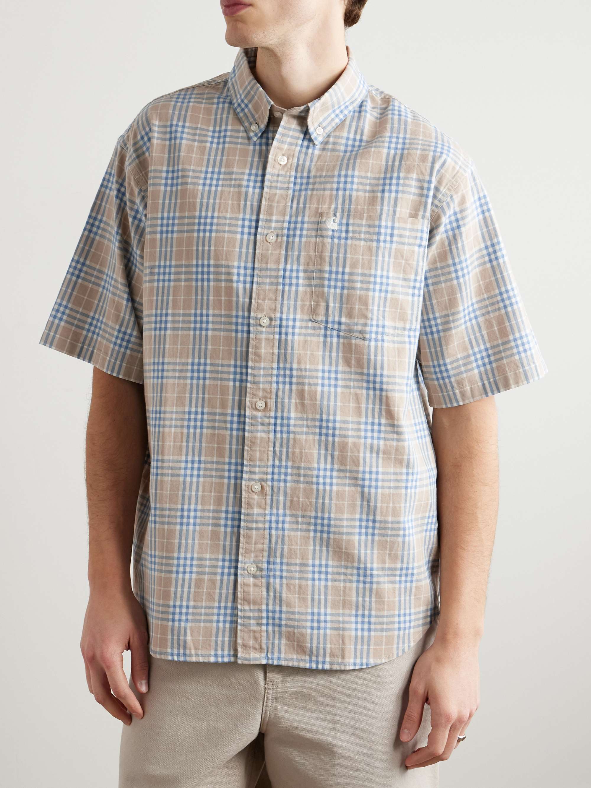 Niven Button-Down Collar Logo-Embroidered Checked Cotton and Linen-Blend Shirt view