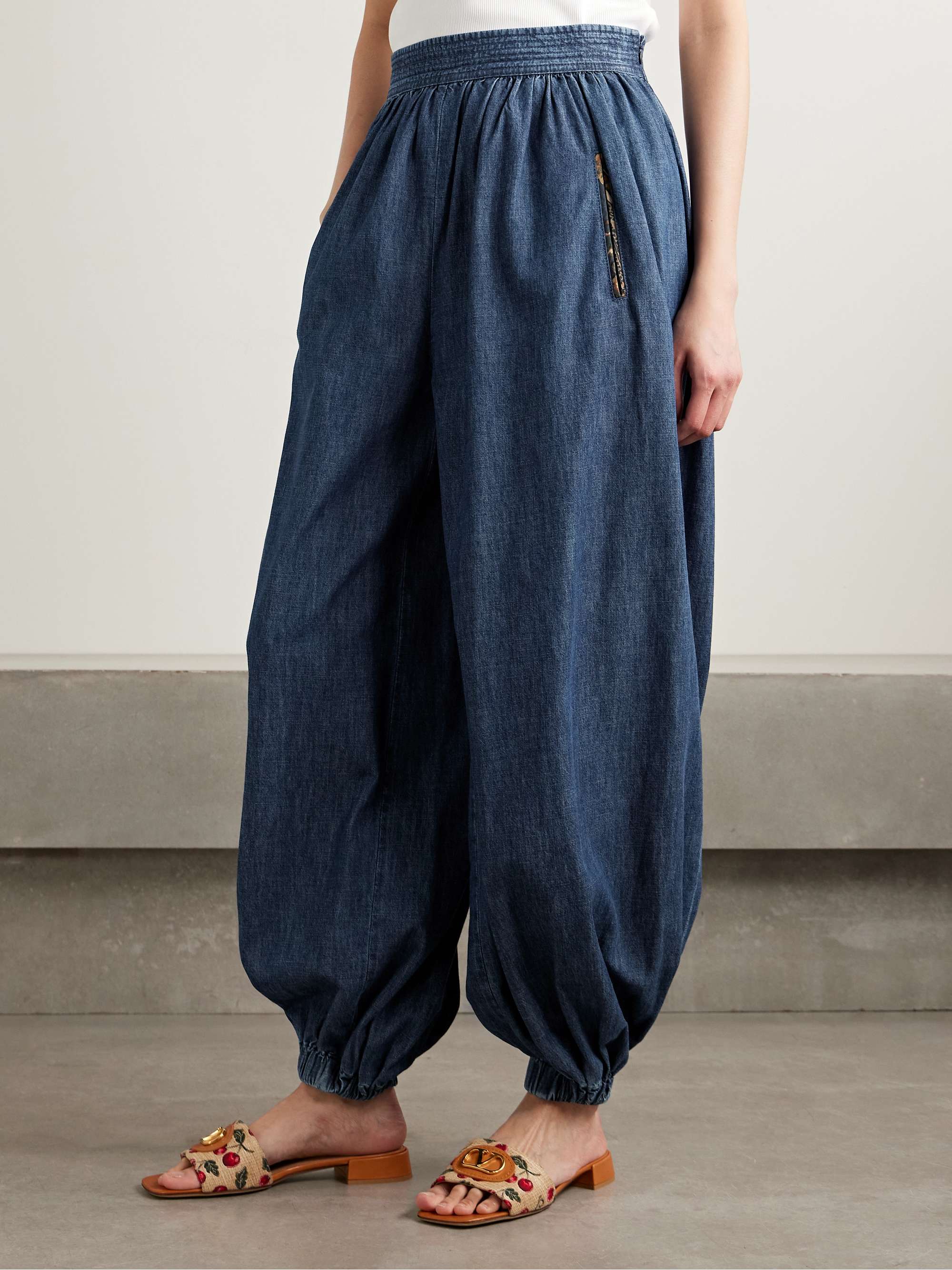 Tasseled embroidered chambray tapered pants view
