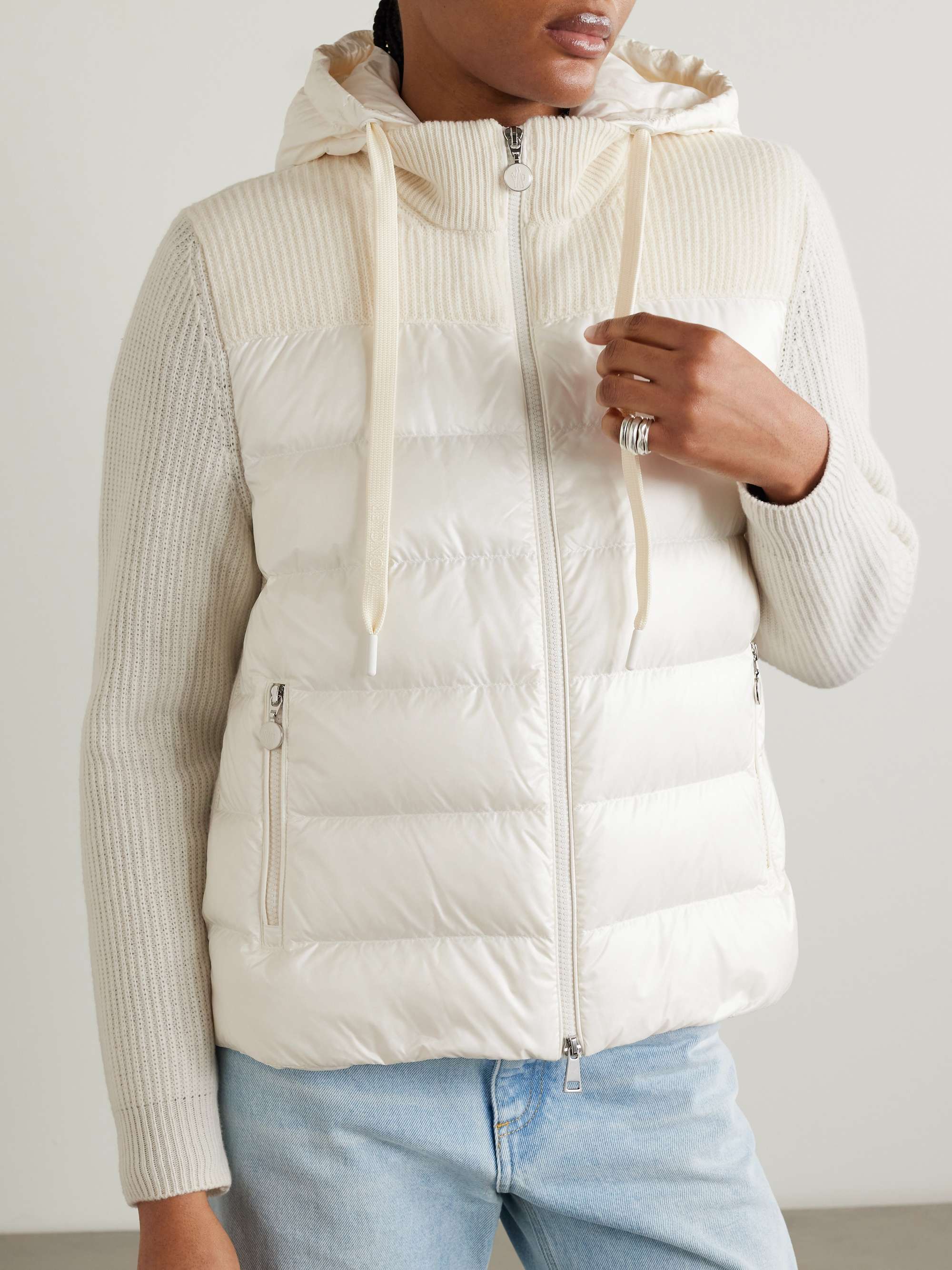 Ribbed quilted hooded wool-trimmed shell down jacket view