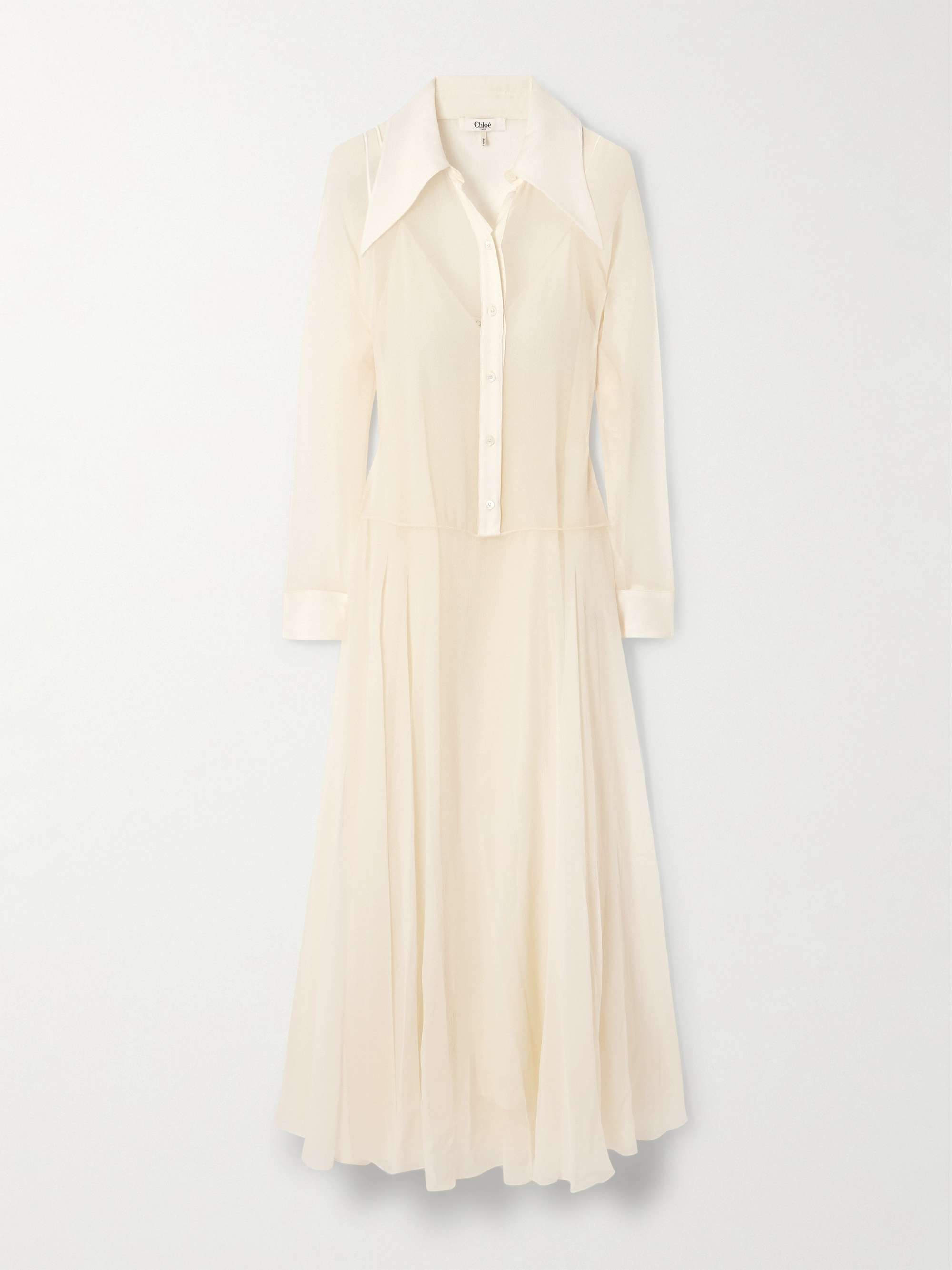 Pleated organic silk-mousseline midi shirt dress view