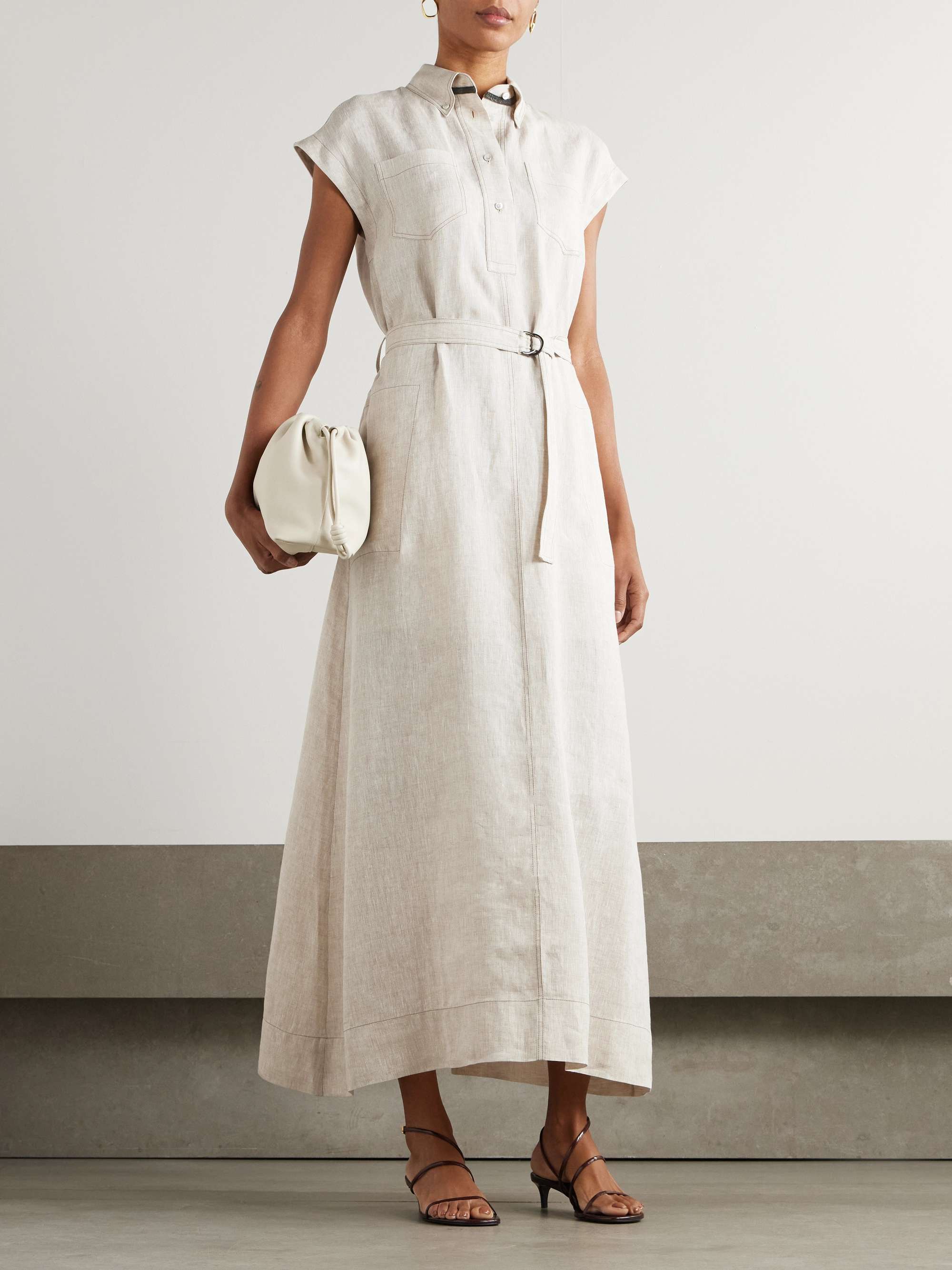Belted bead-embellished linen midi dress view