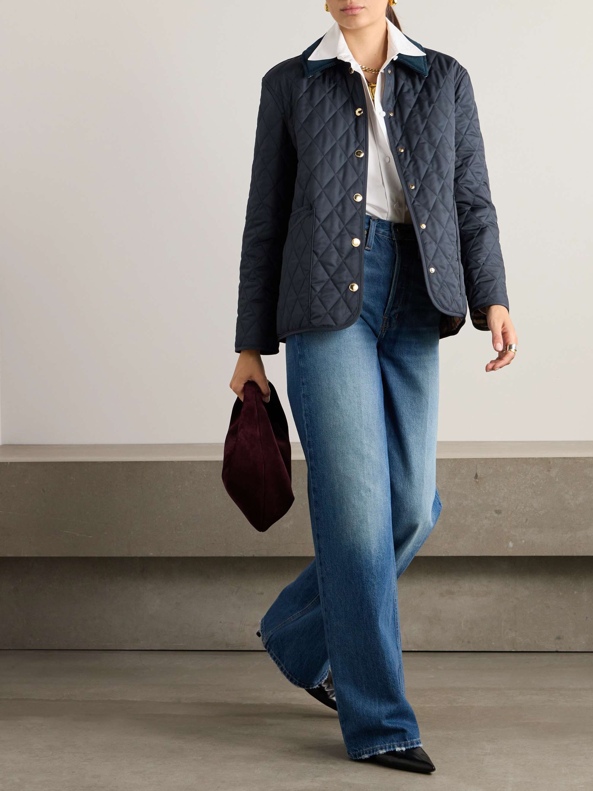Reversible corduroy-trimmed quilted shell and checked cotton jacket view