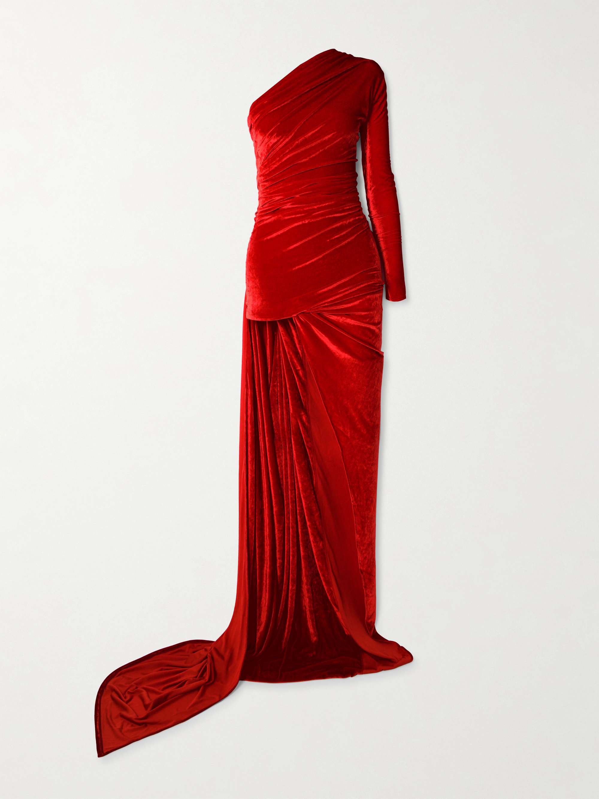 One-sleeve asymmetric velvet maxi dress view