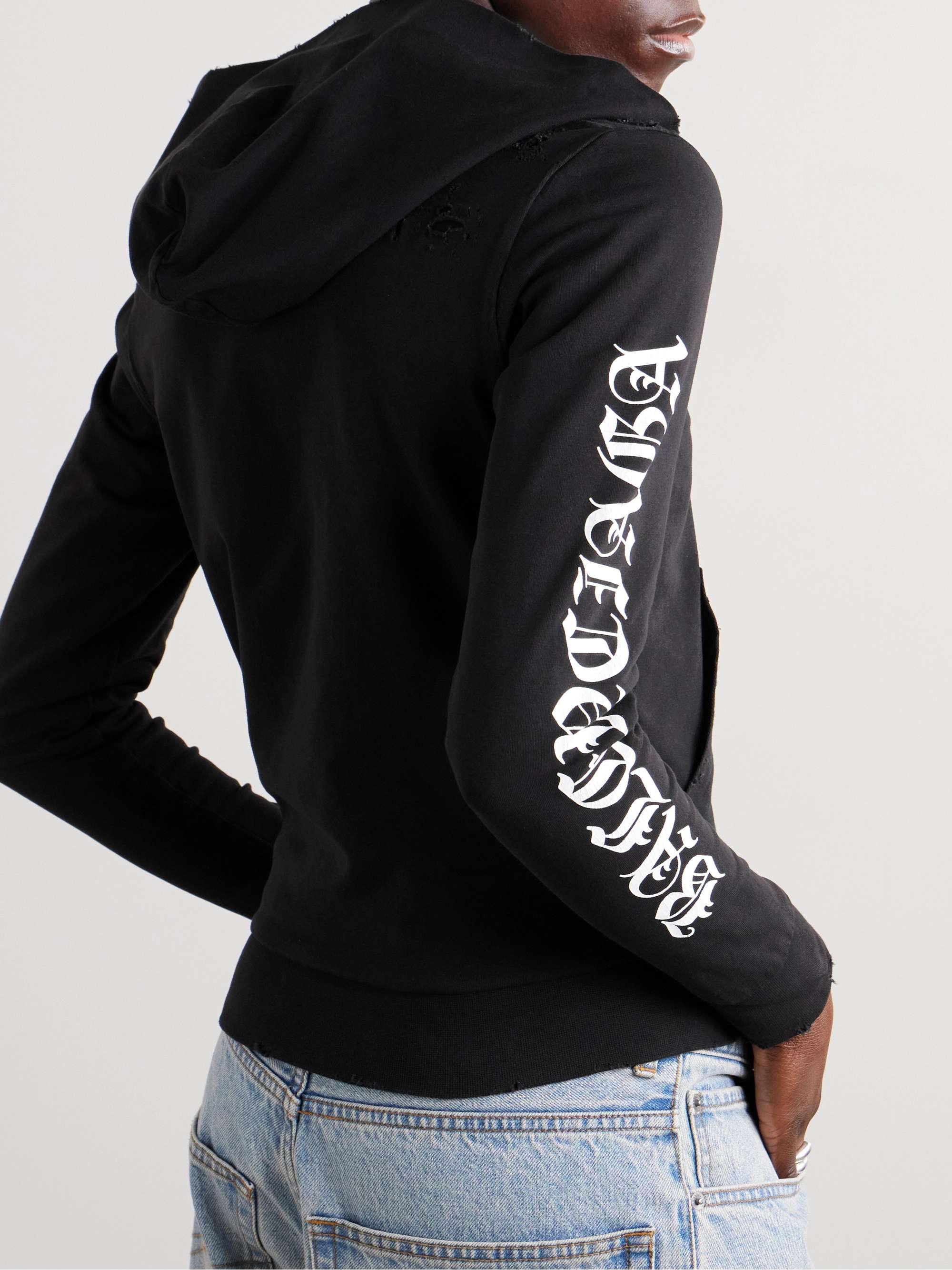 Distressed printed cotton-blend jersey hoodie view