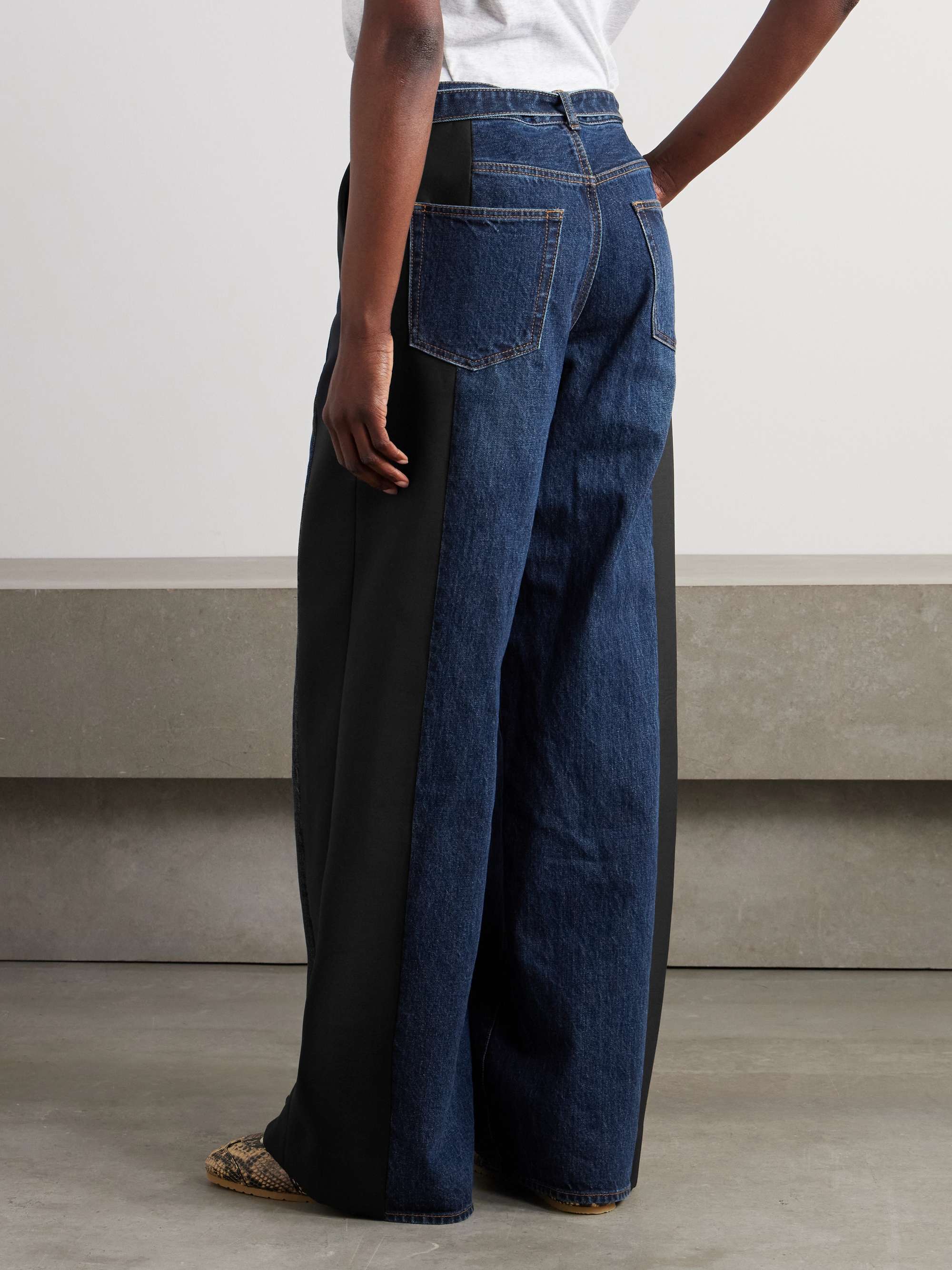 Belted wool-blend trimmed denim wide-leg pants view