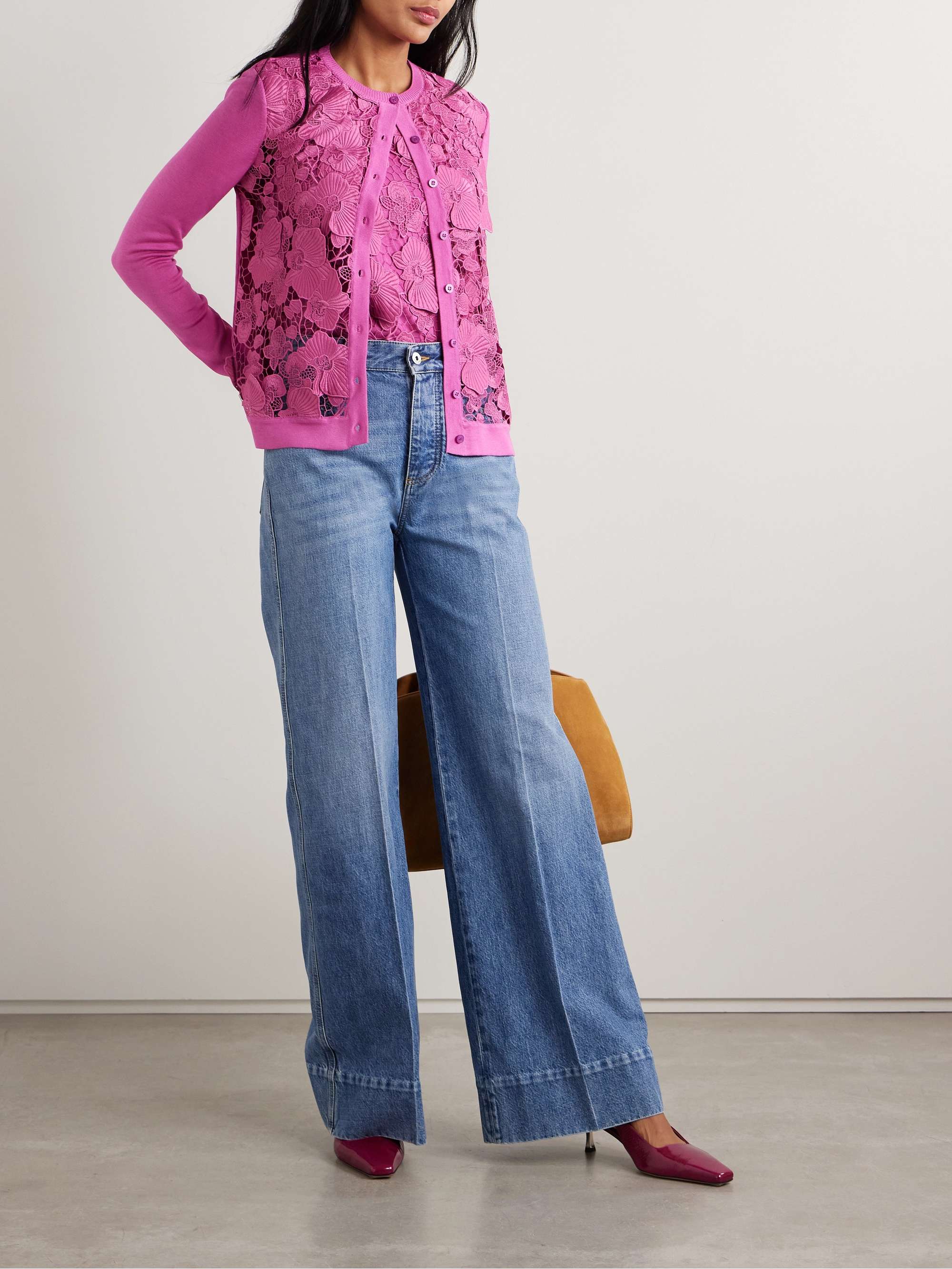 Guipure lace-paneled silk-blend cardigan view