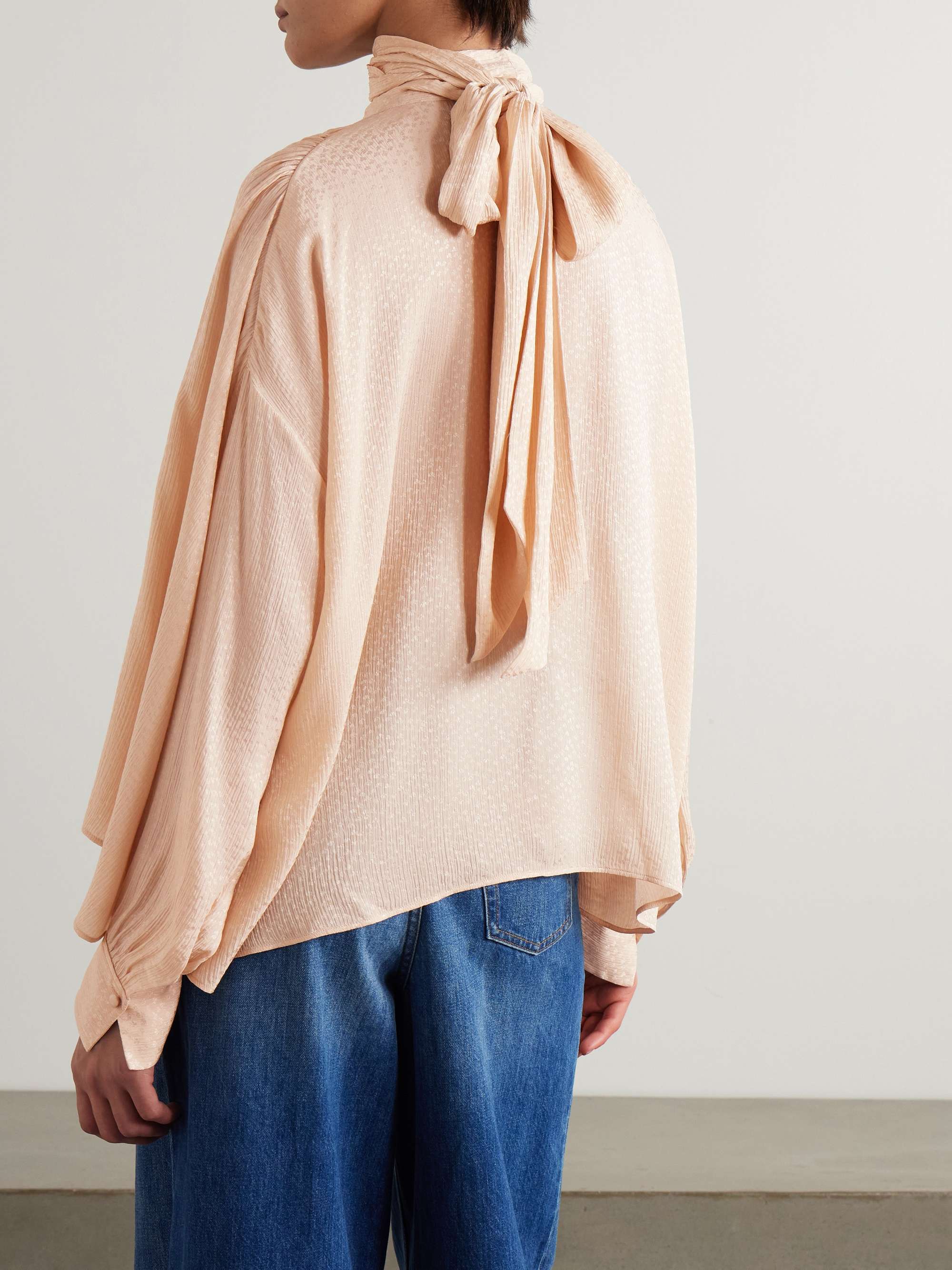 Tie-detailed gathered silk-blend jacquard blouse view