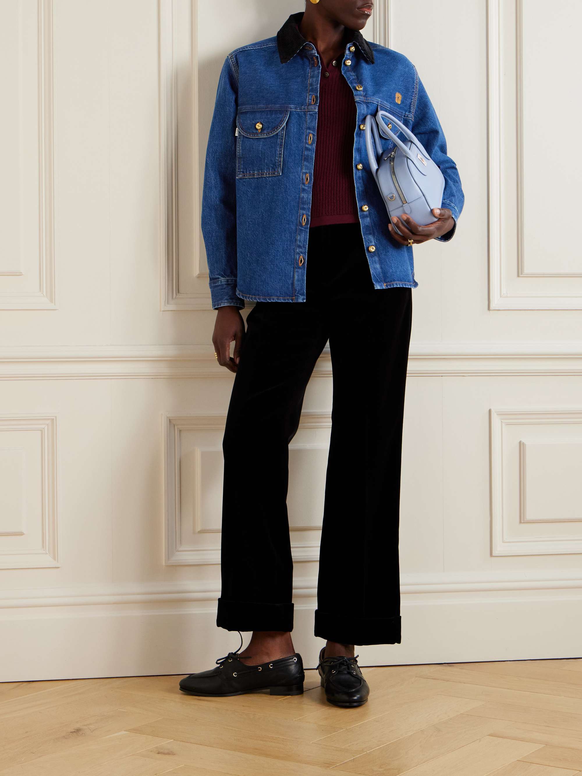 Nariida Senner corduroy-trimmed embroidered denim shirt view