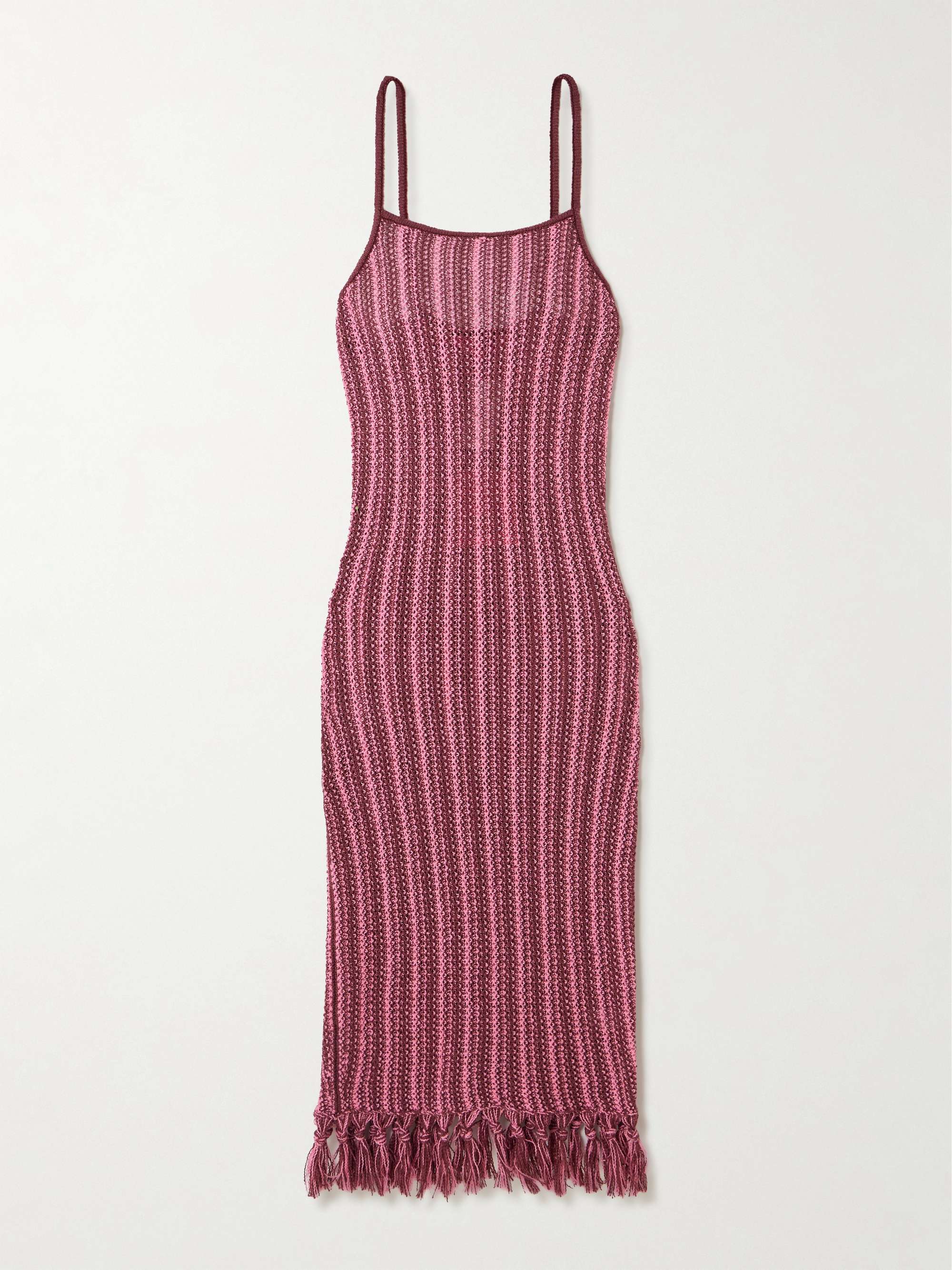 Fringed striped open-knit cotton midi dress view