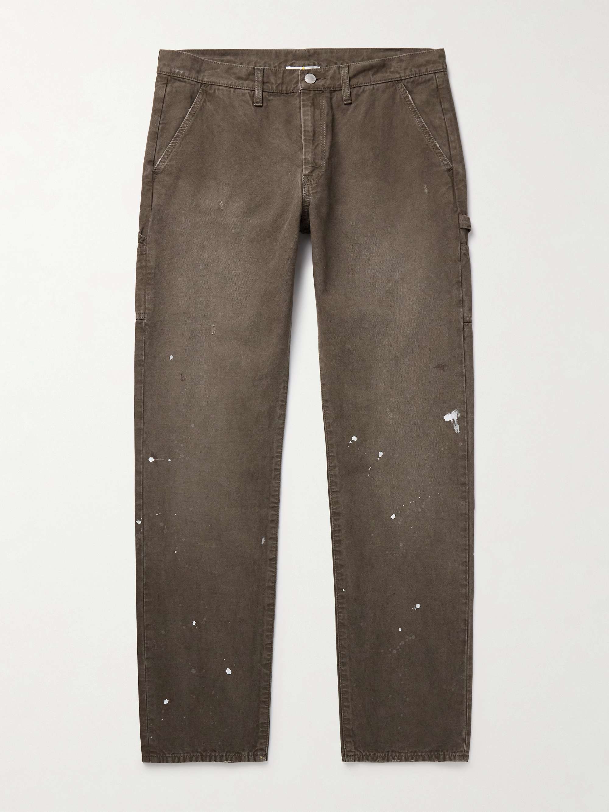 Straight-Leg Distressed Paint-Splattered Cotton-Canvas Trousers view