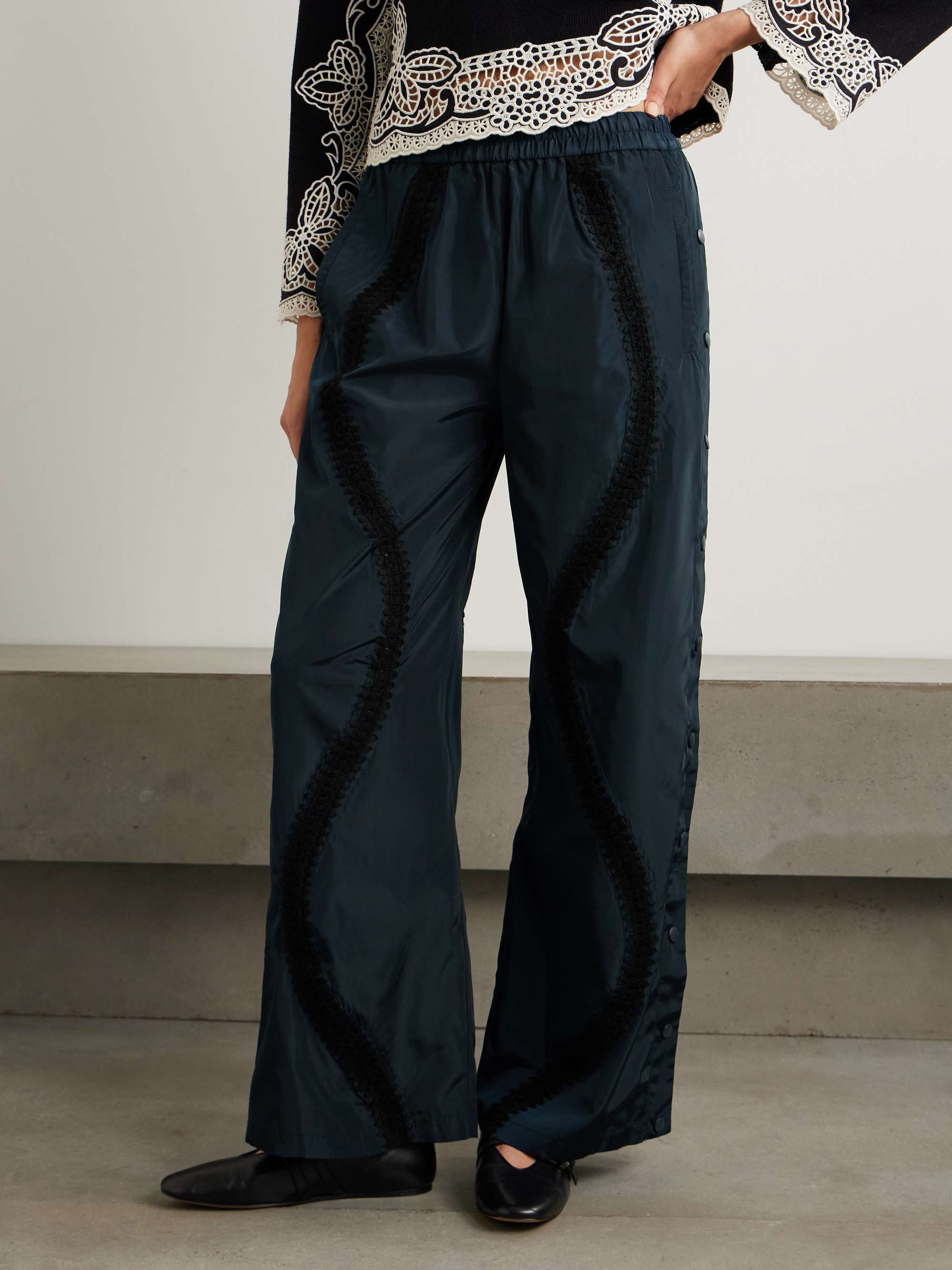 Averie crochet-trimmed button-embellished shell wide-leg pants view