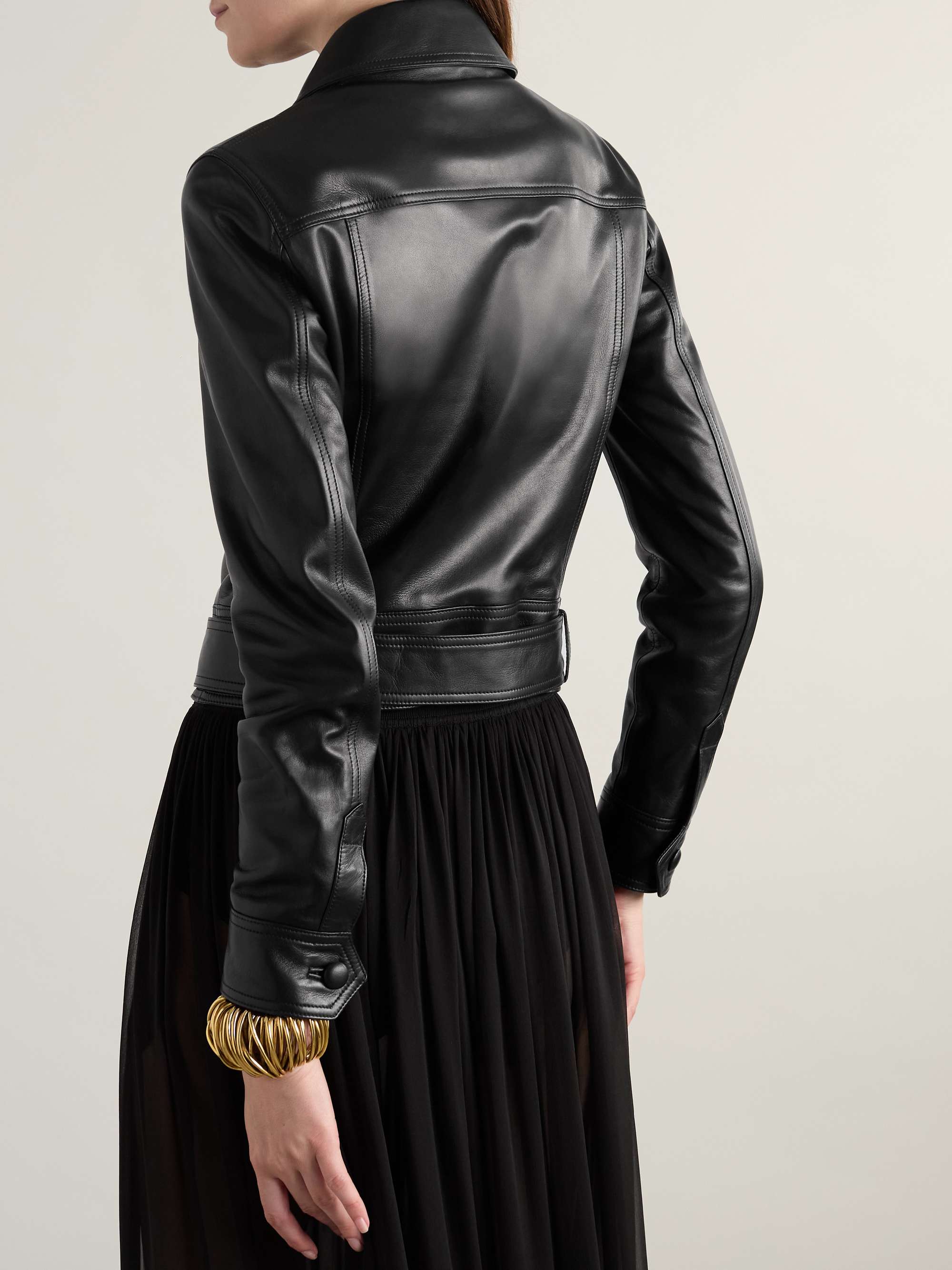 Belted leather biker jacket view