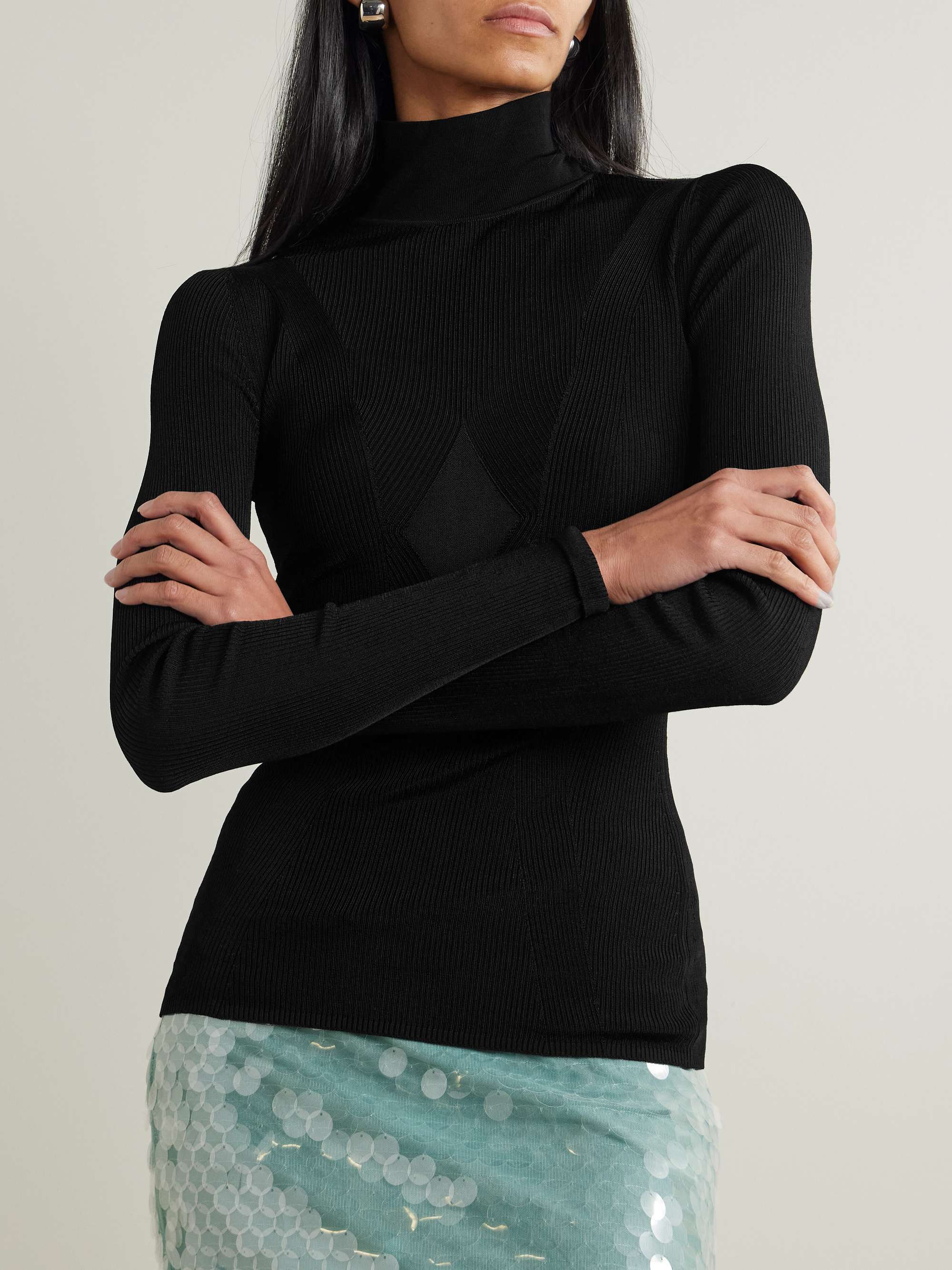 Polaris paneled ribbed-knit turtleneck top view