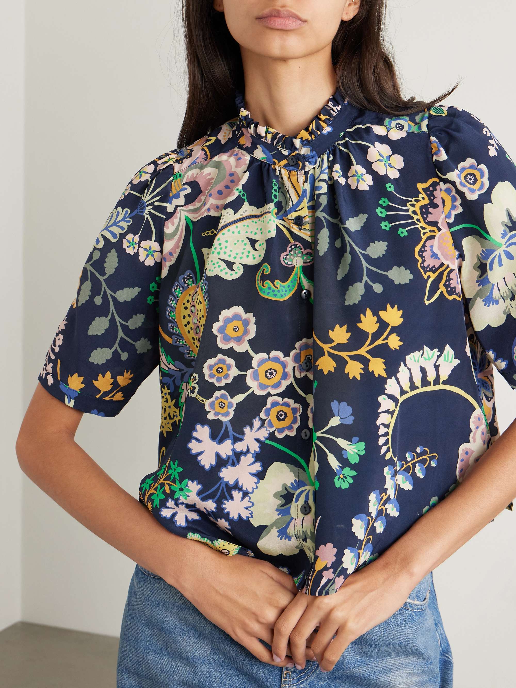 Winn cropped printed silk crepe de chine shirt view