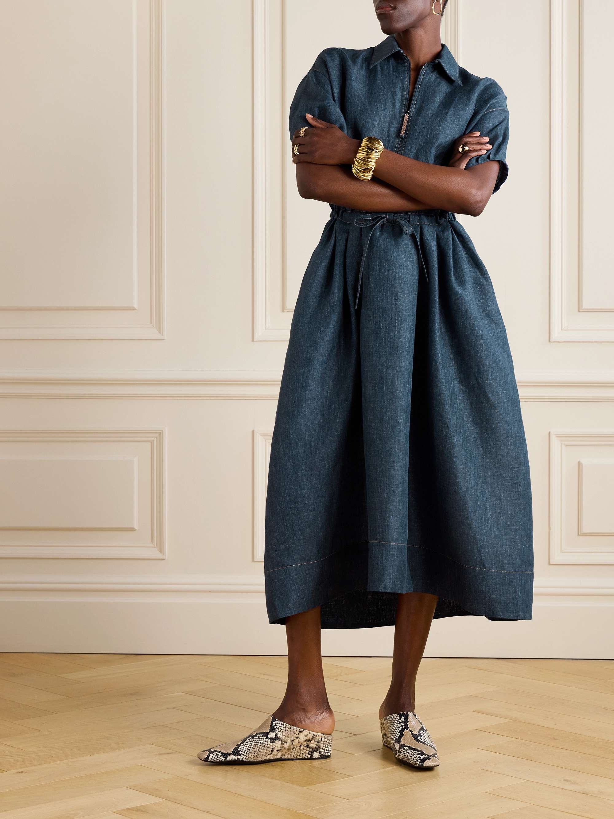 Belted denim midi dress view