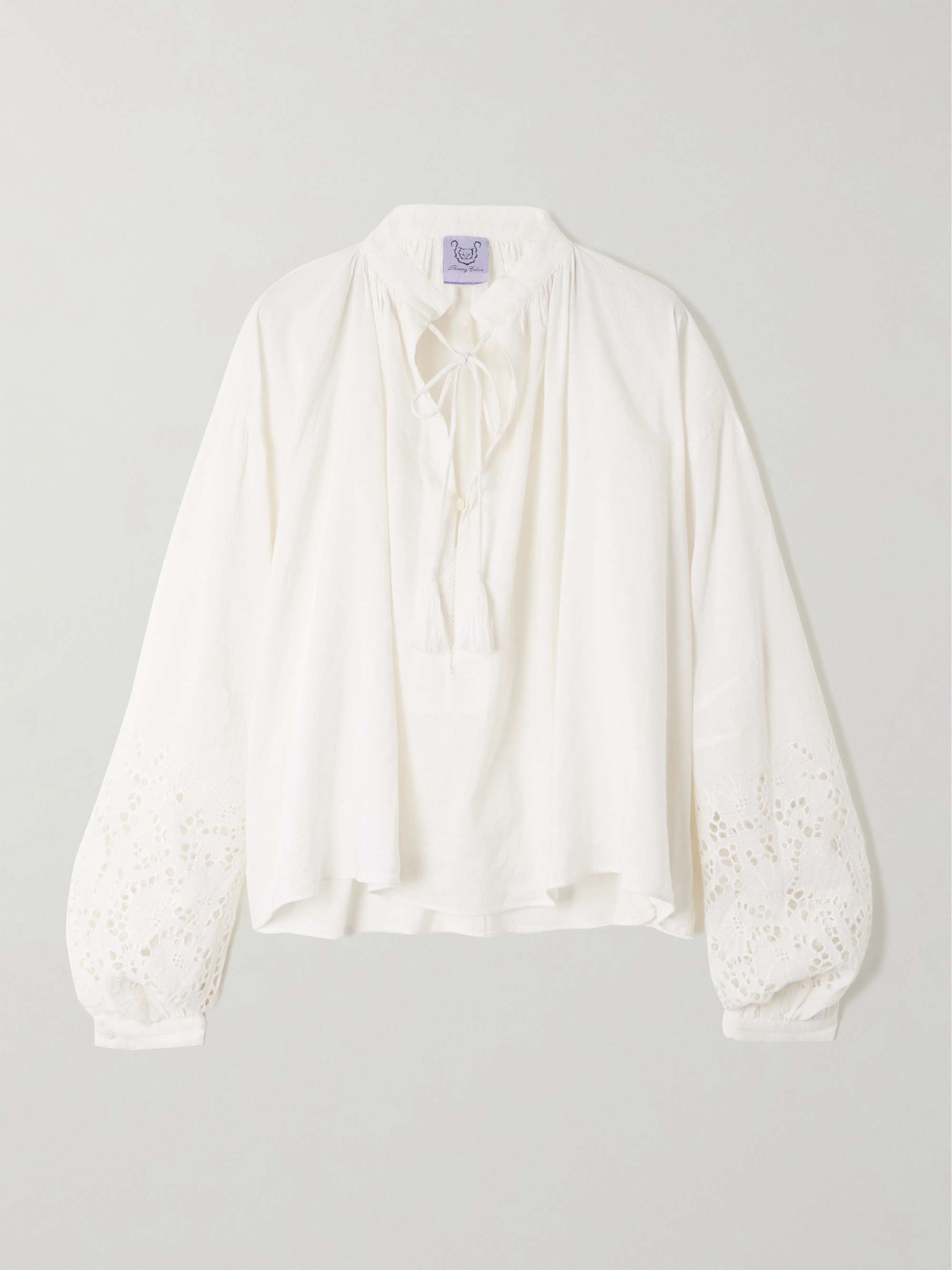 Gathered broderie anglaise linen and cotton-blend blouse view