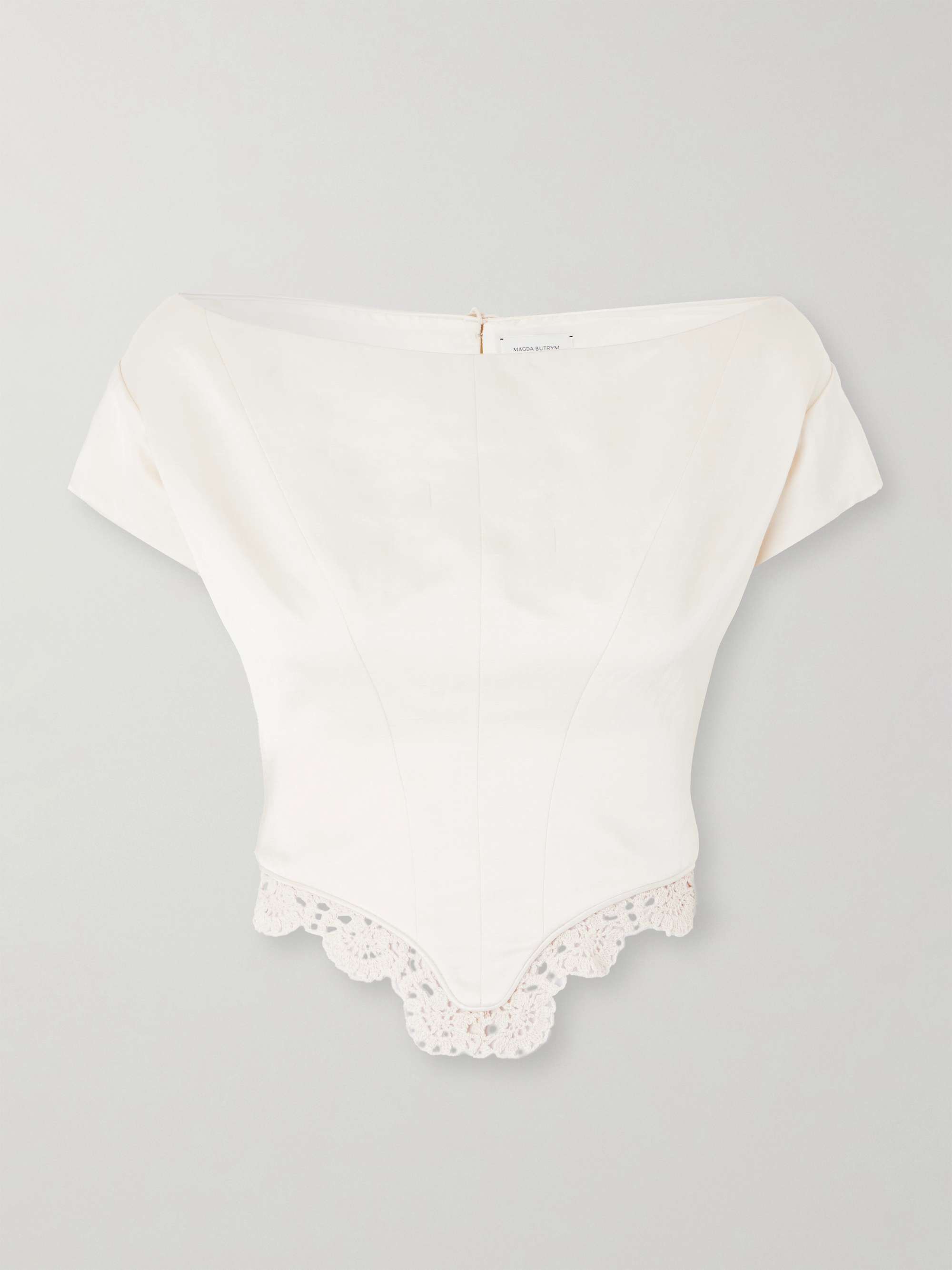 Off-the-shoulder crocheted cotton-trimmed satin top view