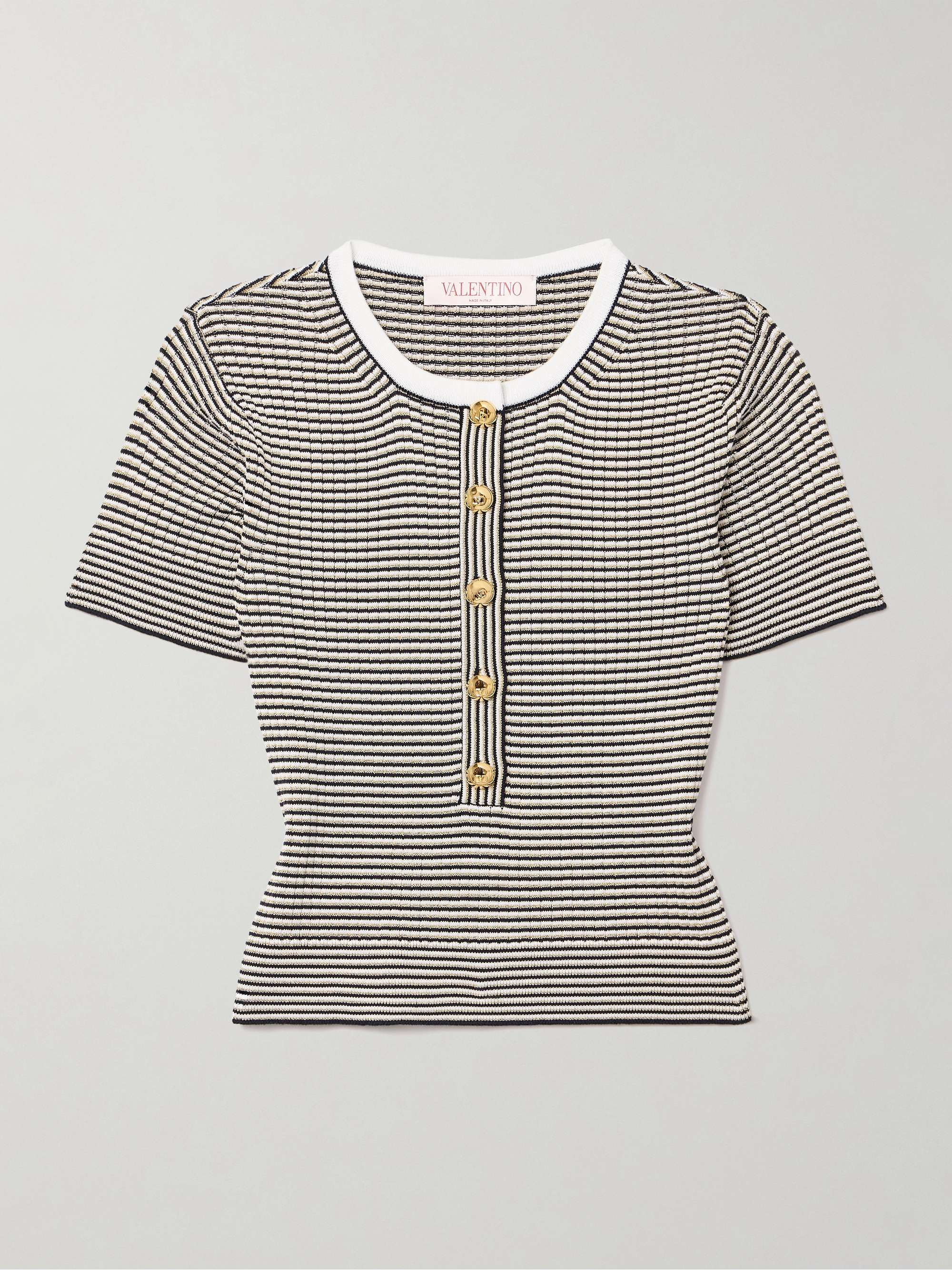 Cropped metallic striped ribbed cotton-blend top view
