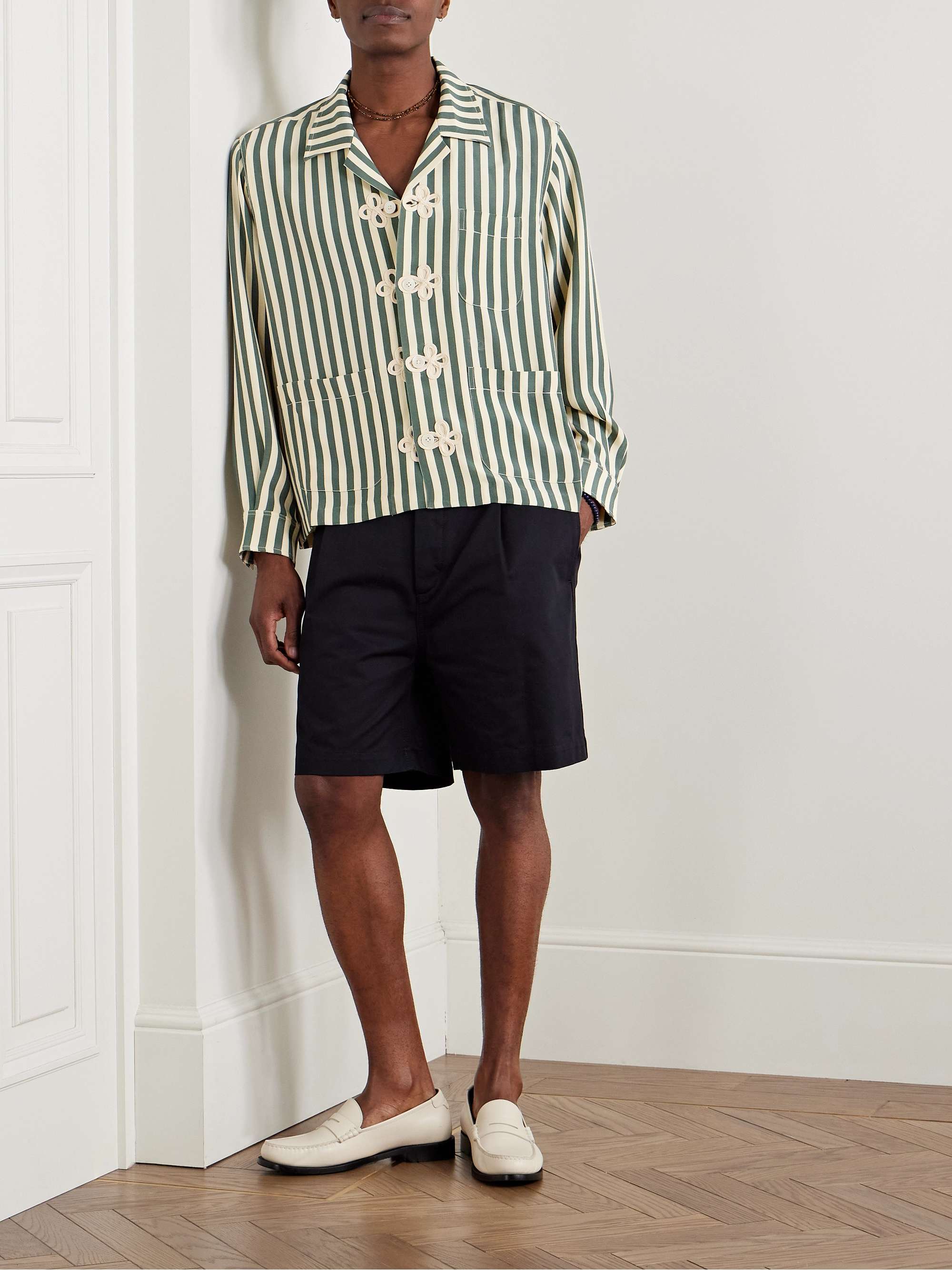 Trillium Camp-Collar Appliquéd Striped Silk Shirt view