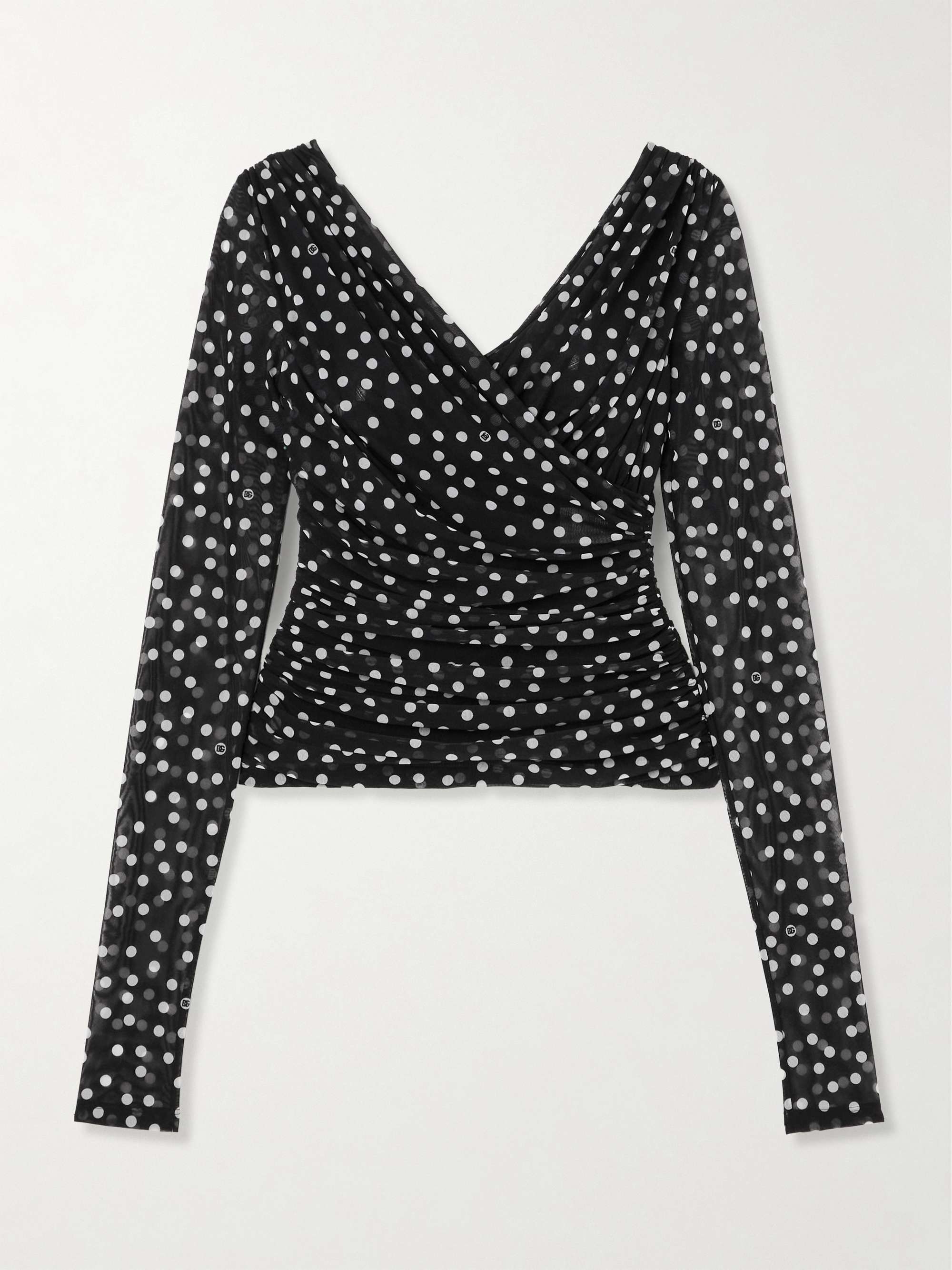 Ruched wrap-effect printed polka-dot tulle blouse view