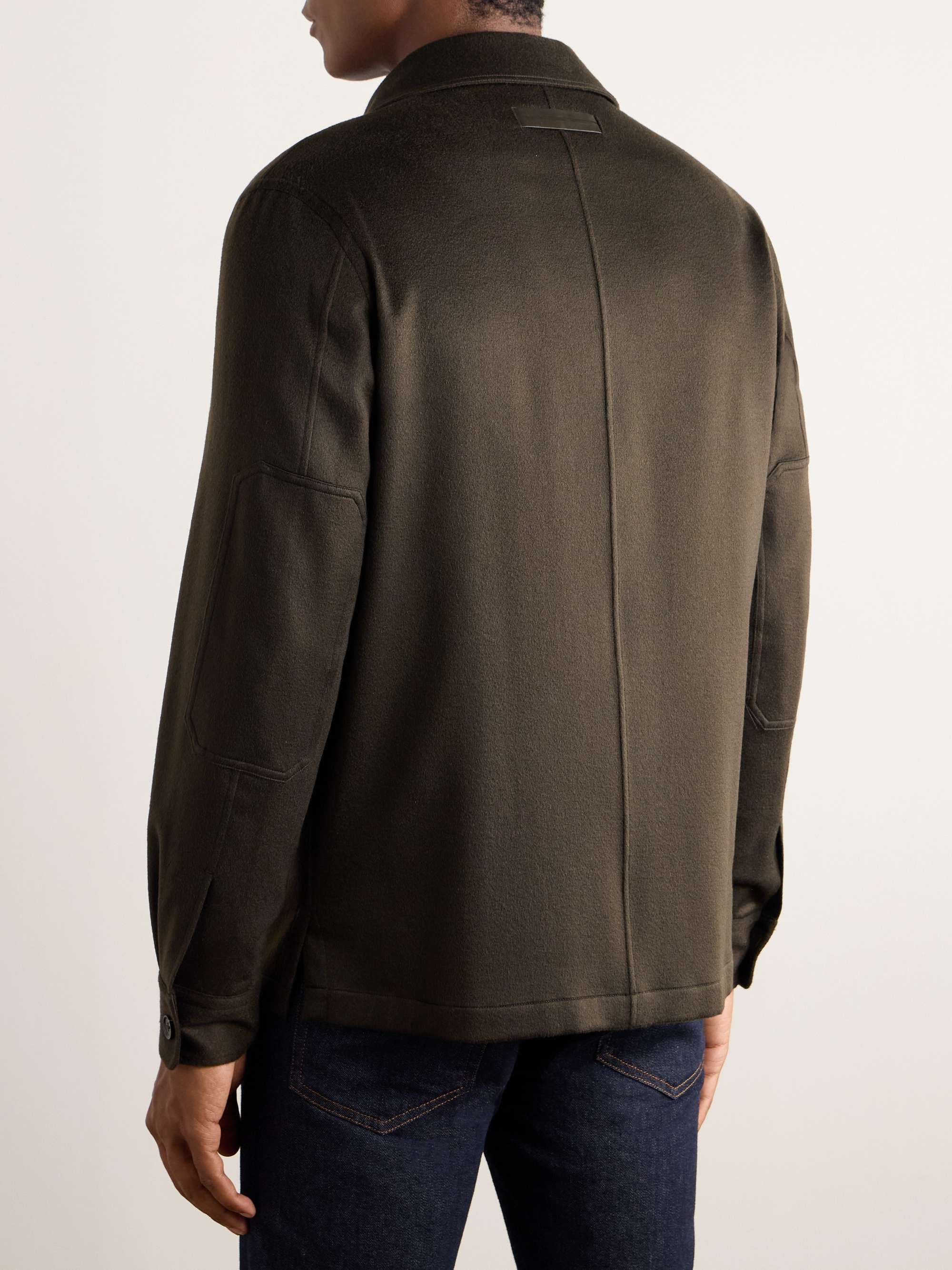 Camp-Collar Logo-Appliquéd Leather-Trimmed Oasi Cashmere Overshirt view