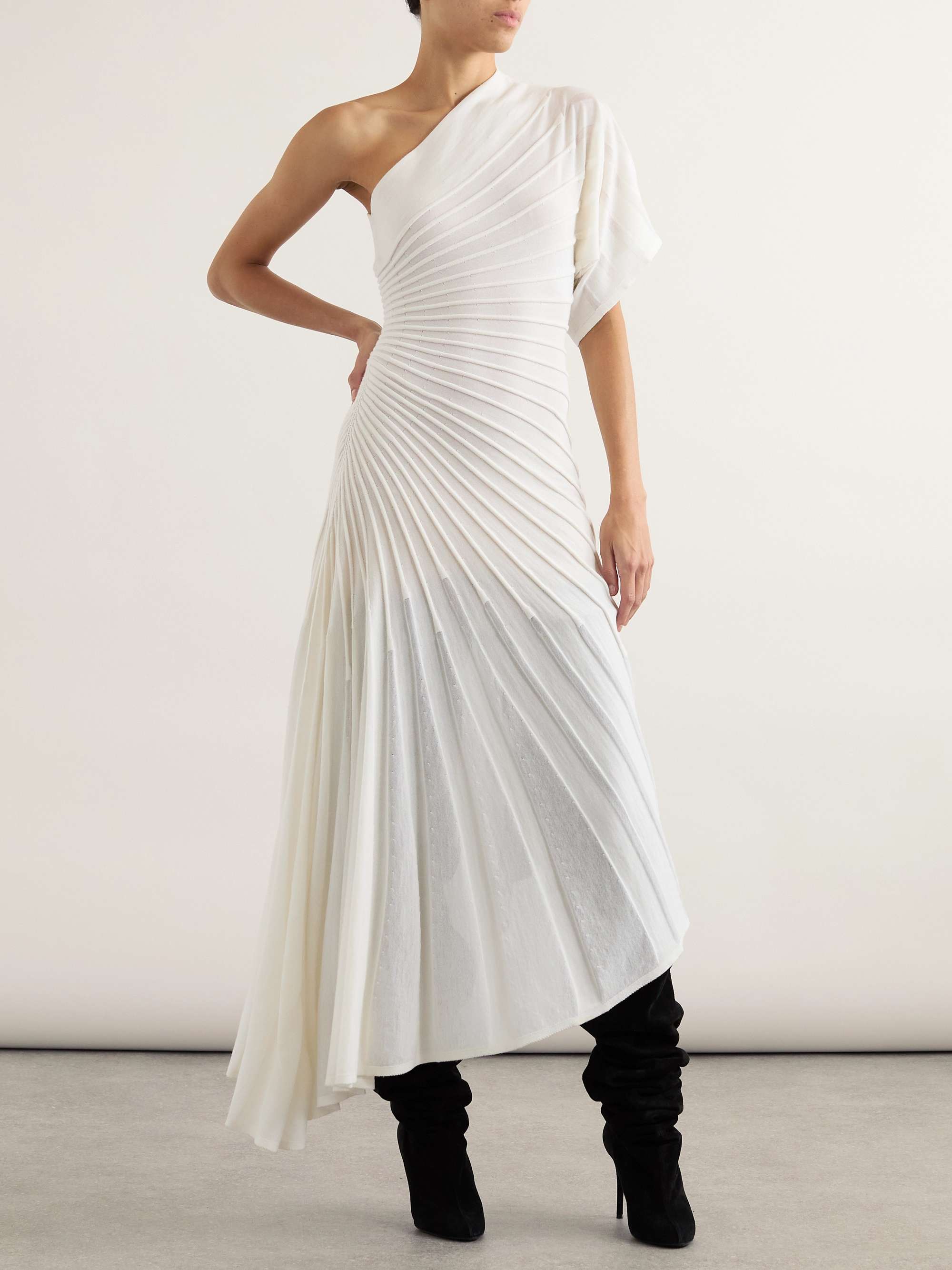 One-shoulder ribbed wool midi dress view