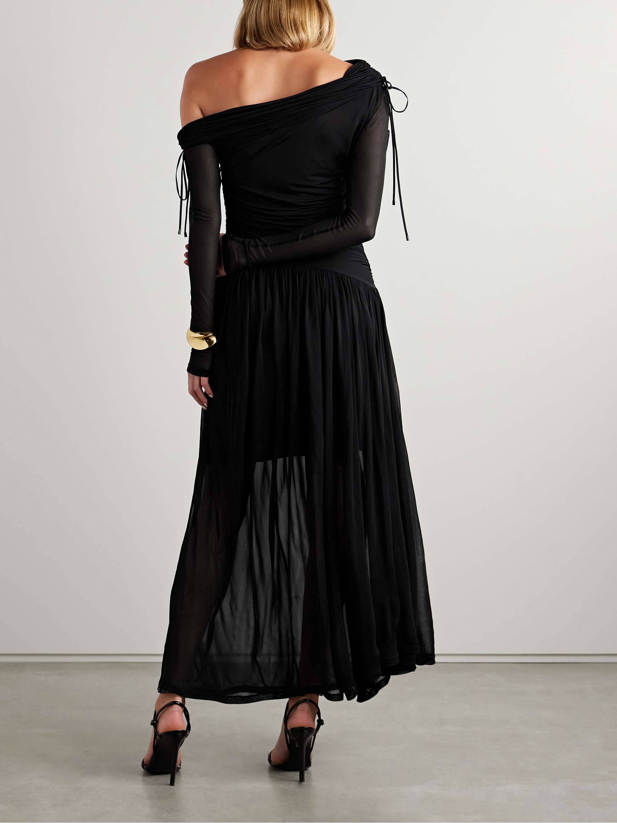 Crush off-the-shoulder tie-detailed gathered stretch-mesh maxi dress view