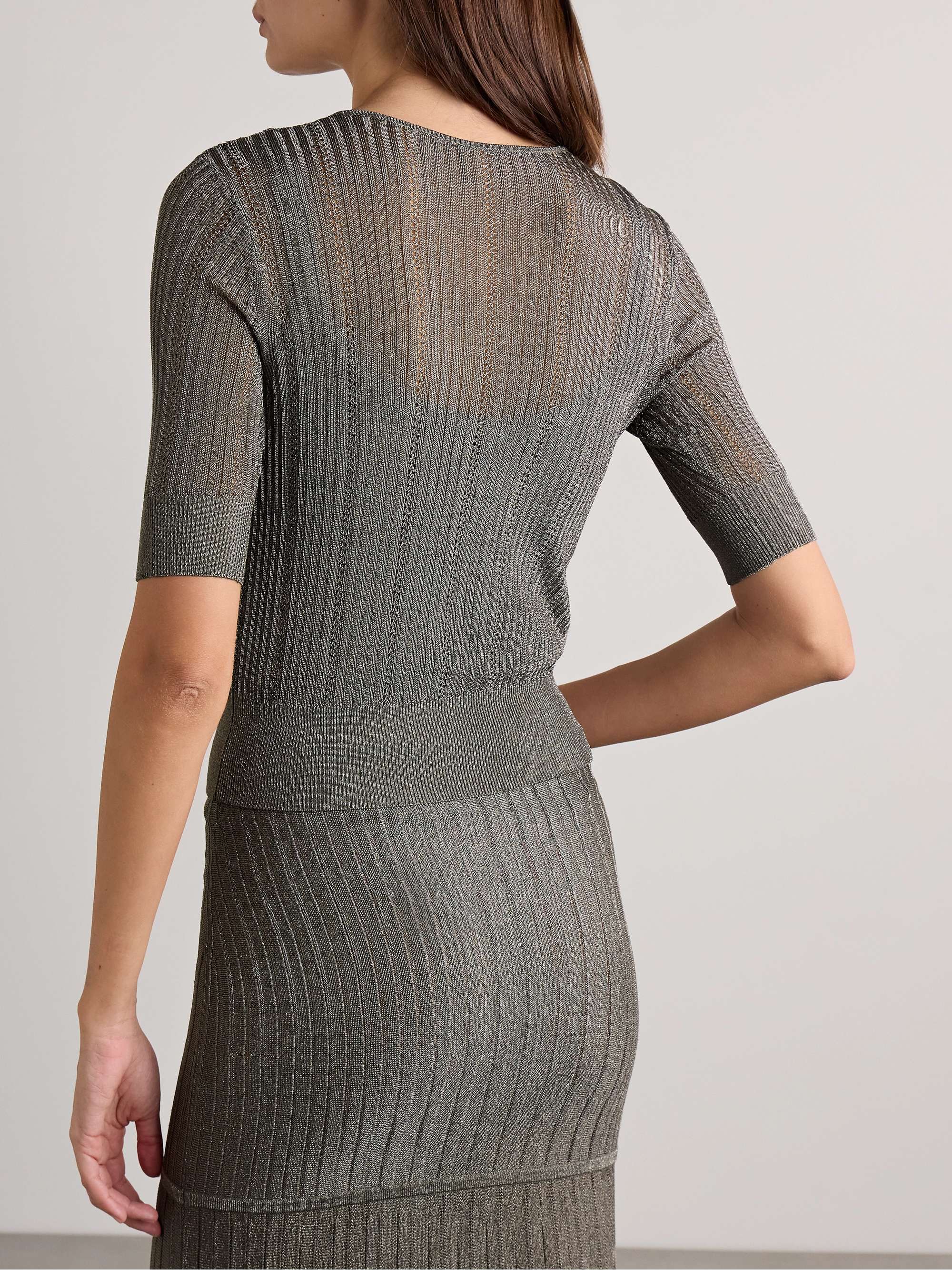 Metallic pointelle and ribbed-knit cardigan view