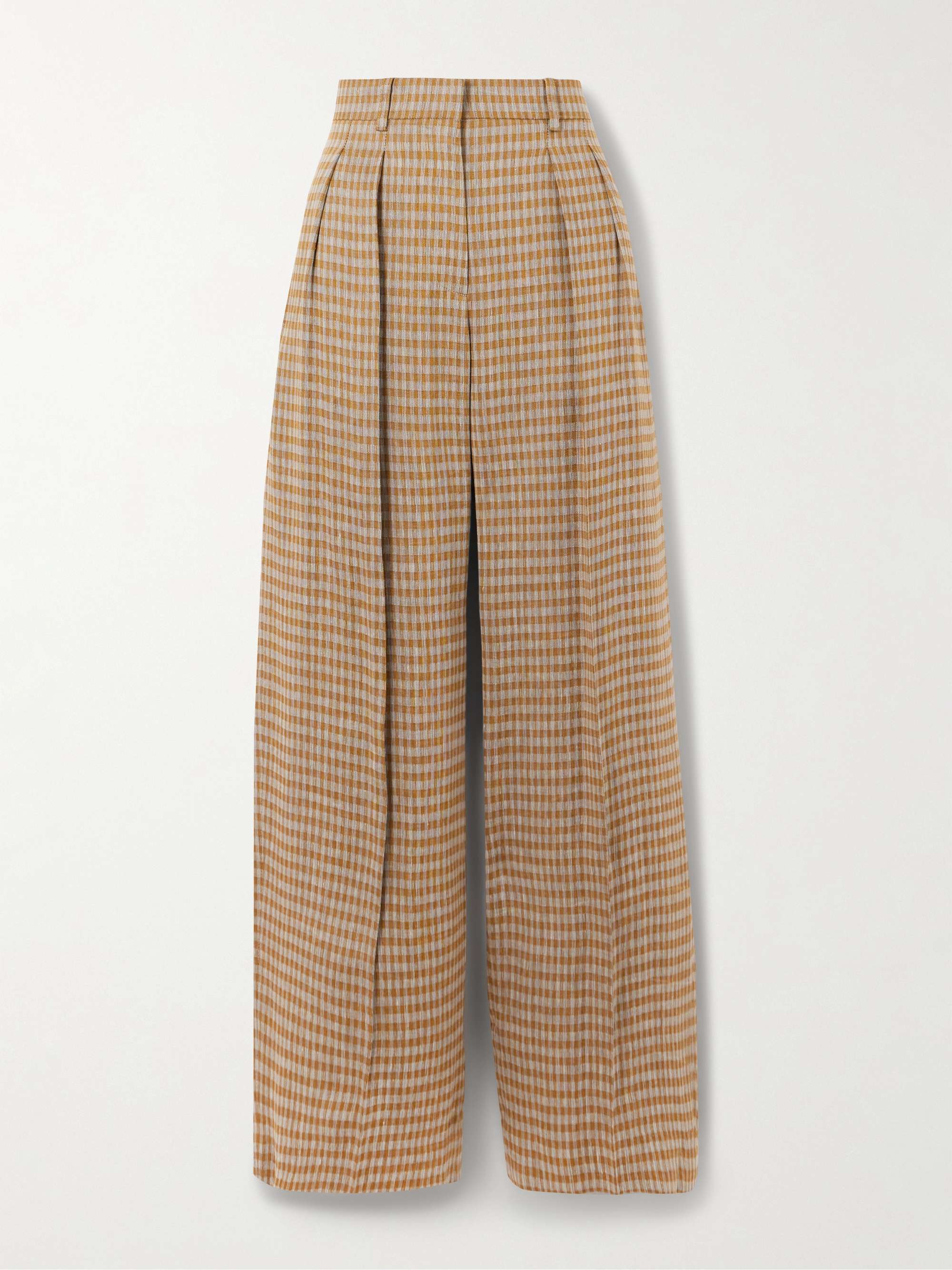Sherry pleated checked linen-blend wide-leg pants view