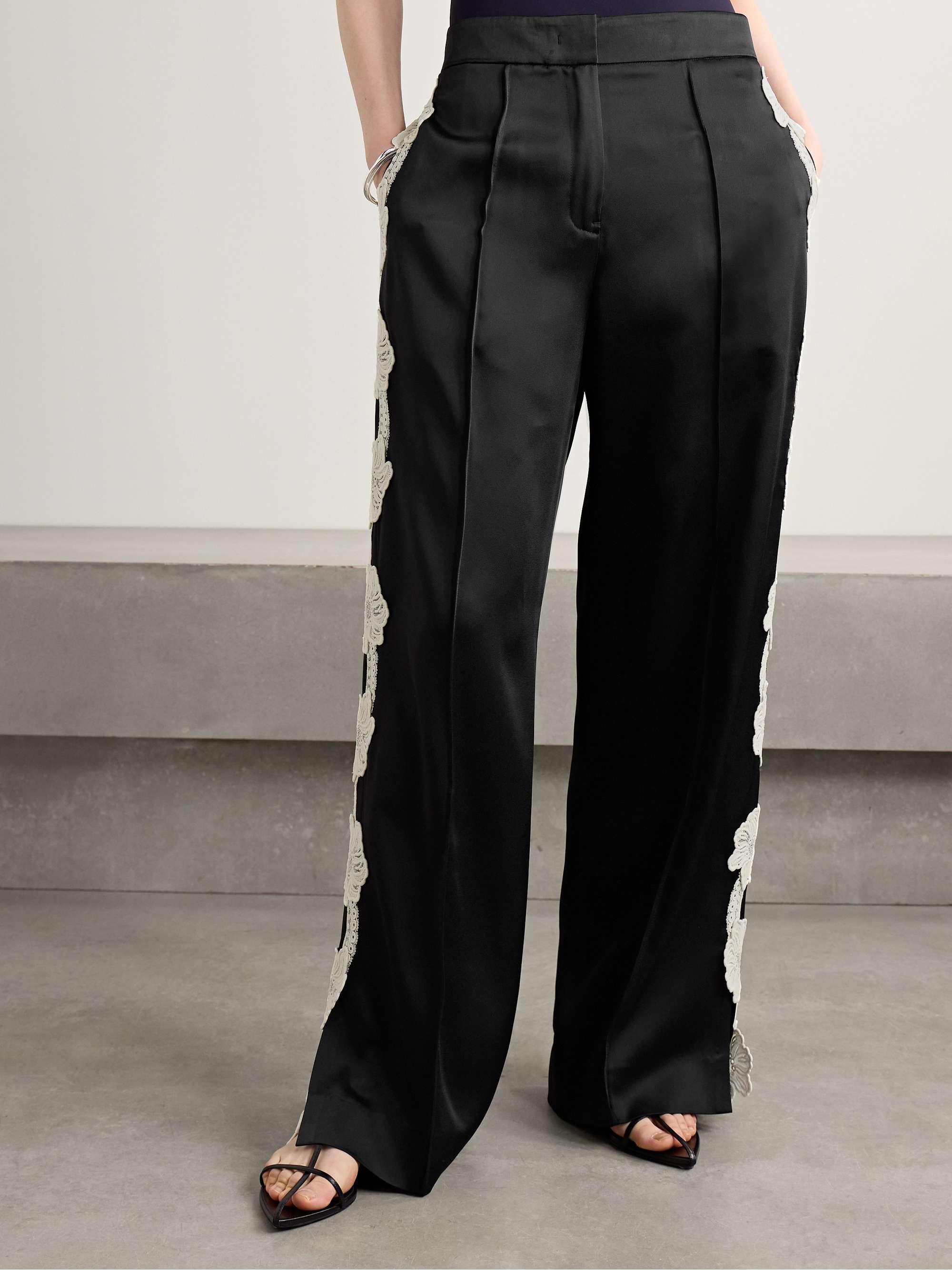 Guipure lace-trimmed satin wide-leg pants view