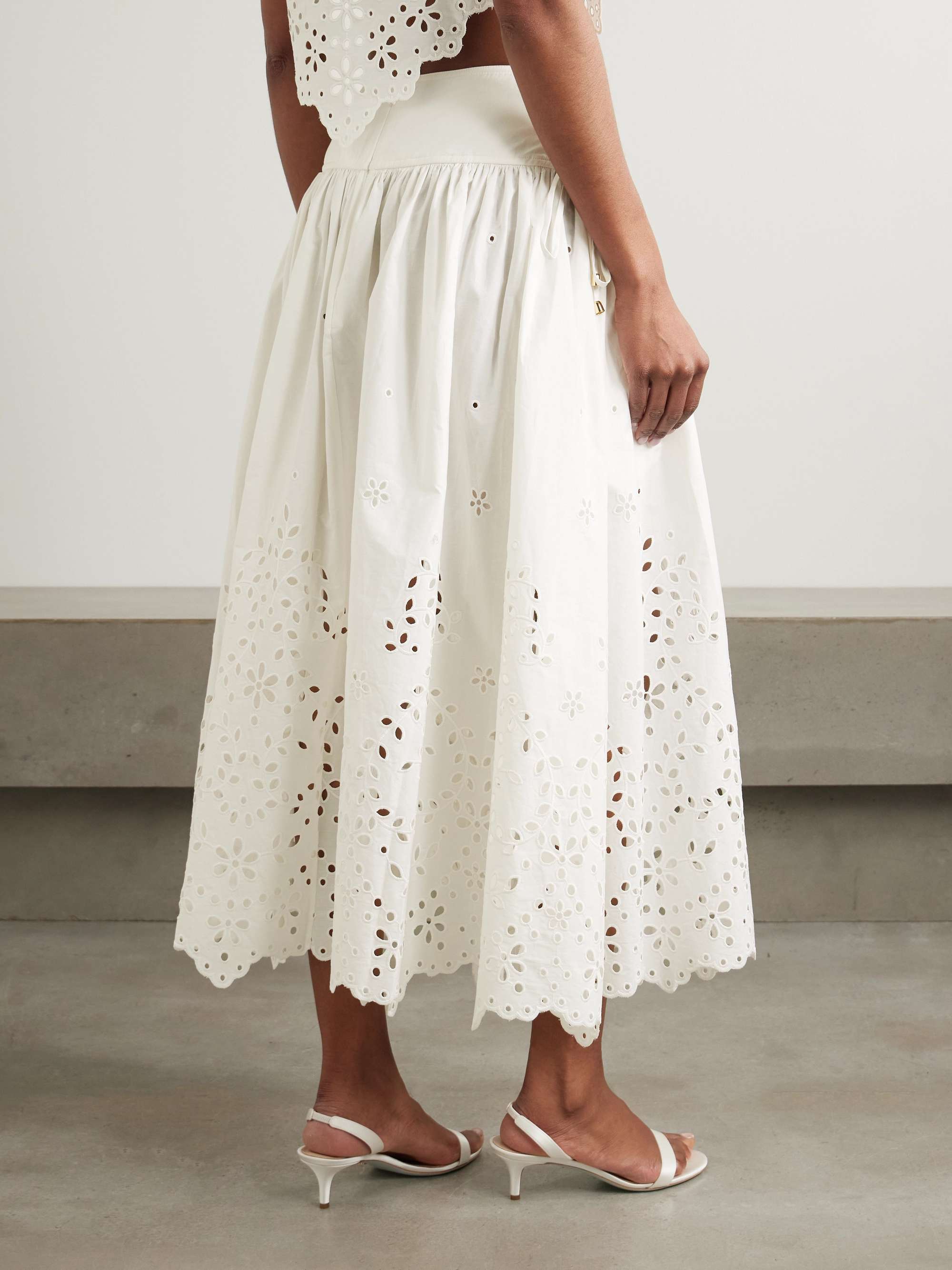 Embellished tie-detailed broderie anglaise cotton midi skirt view
