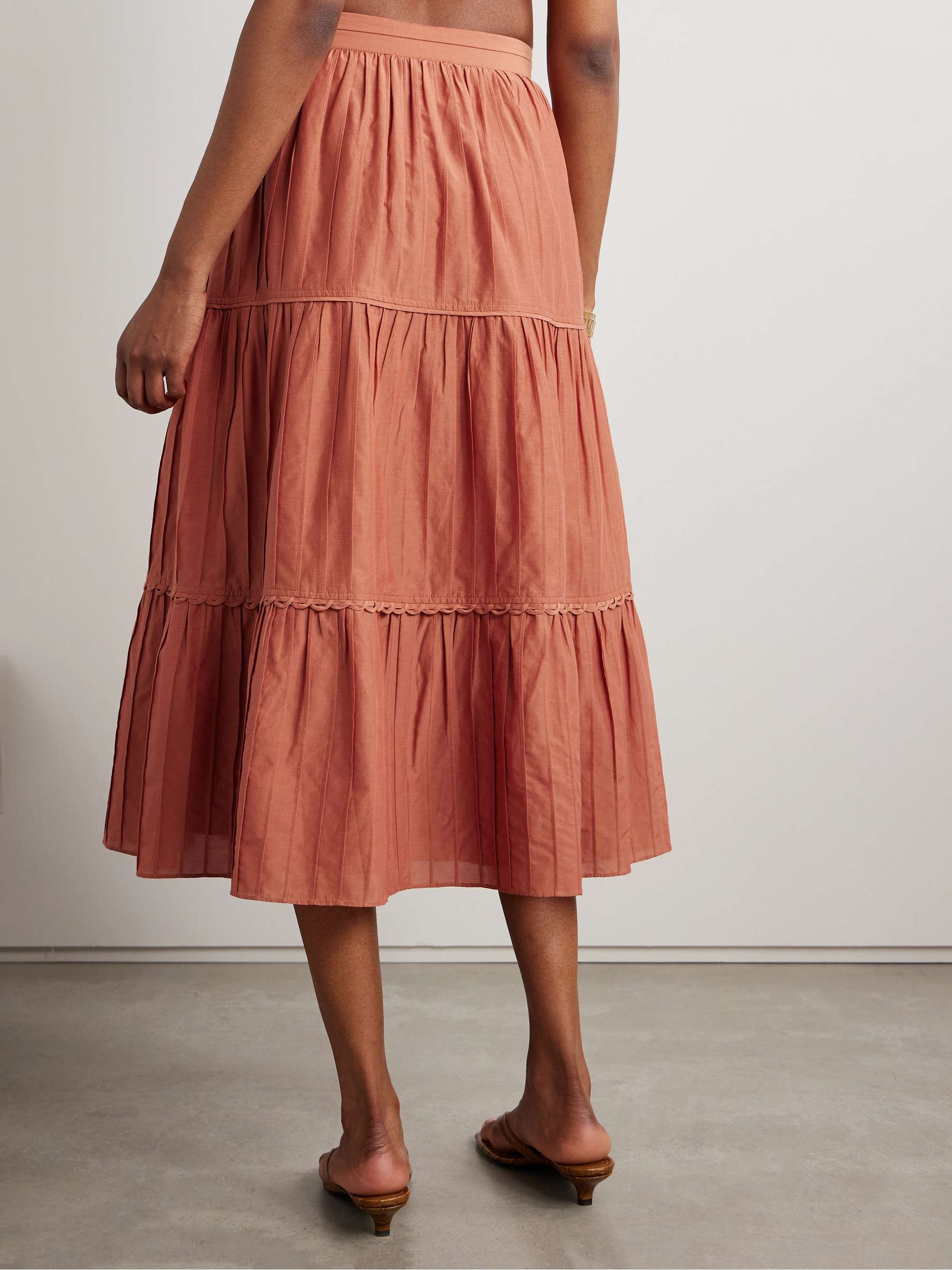 Tiered pintucked cotton and silk-blend midi skirt view