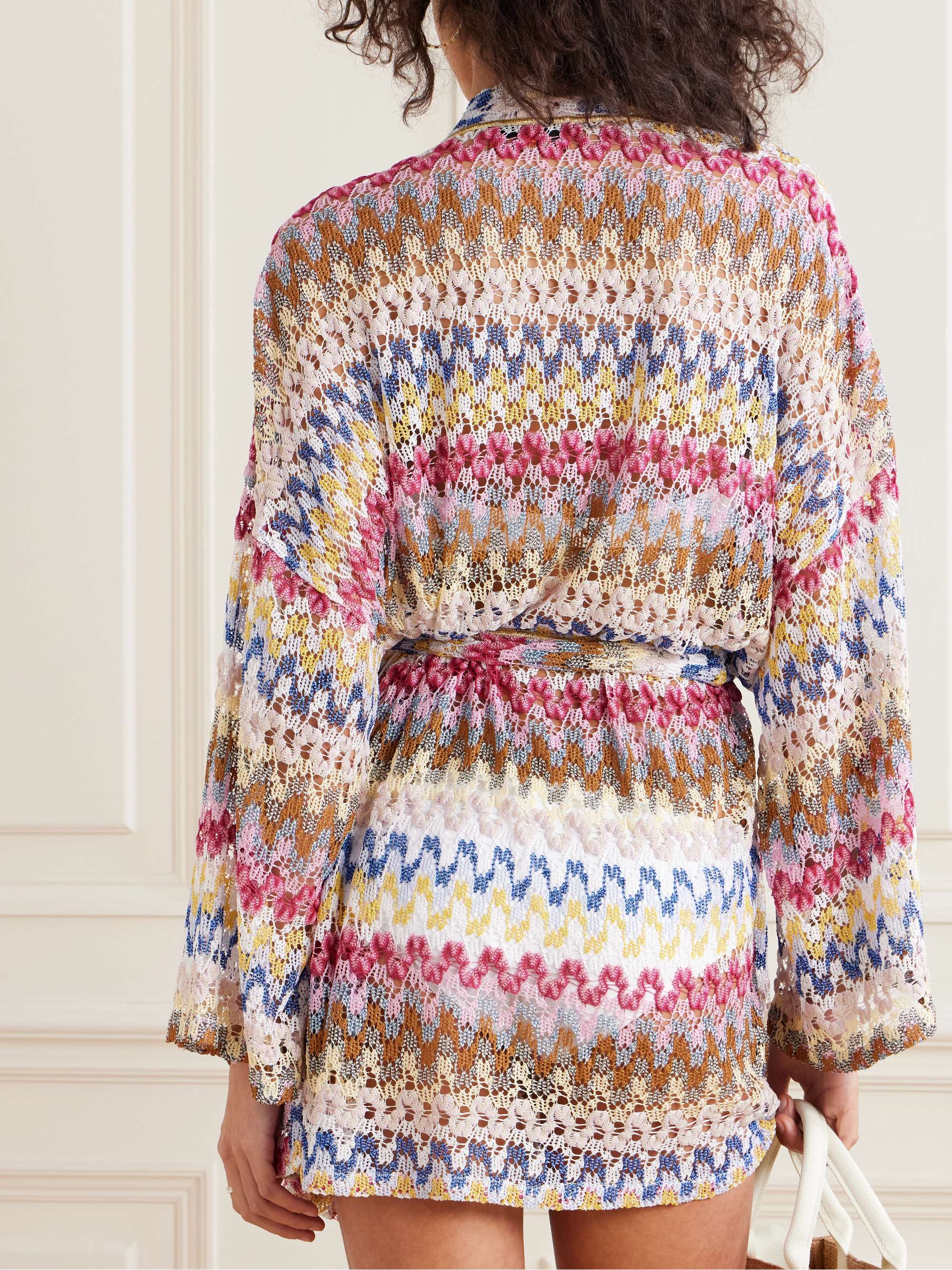 Belted metallic crochet-knit kaftan view