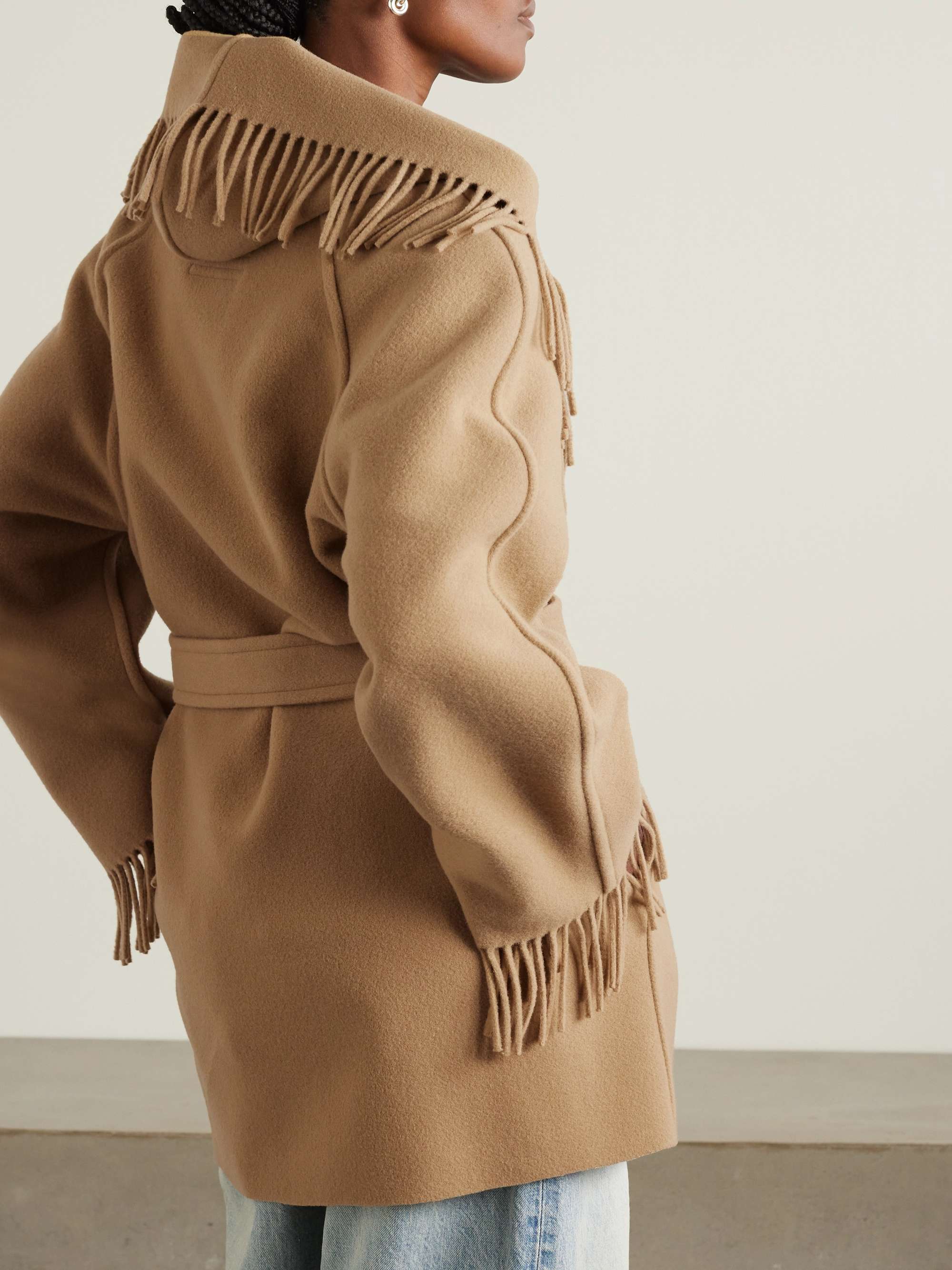 Belted fringed wool jacket view